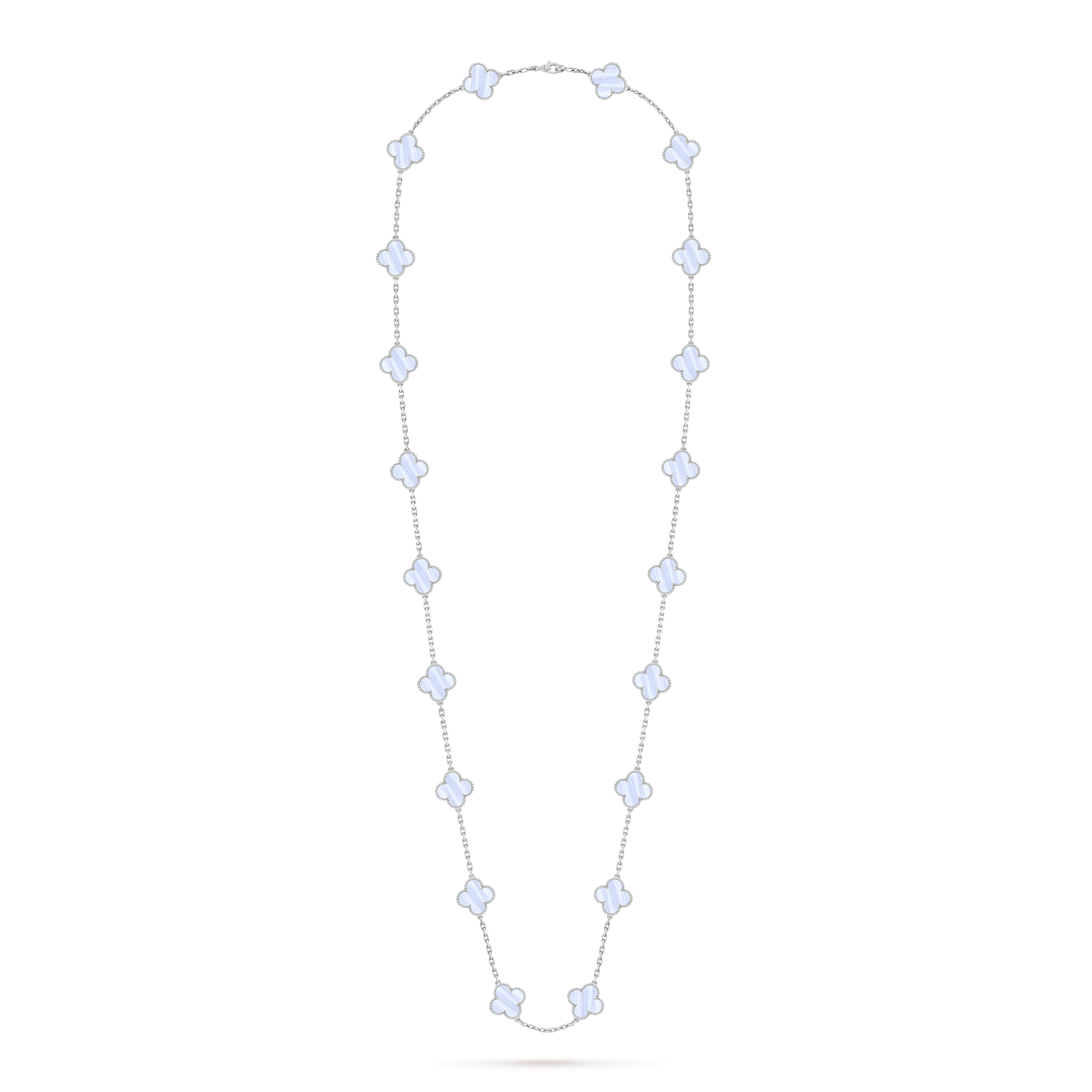 Vintage Alhambra long necklace, 20 motifs, 18K white gold, Chalcedony:  20 stones, Front, Jewelry Long Necklace - Van Cleef & Arpels