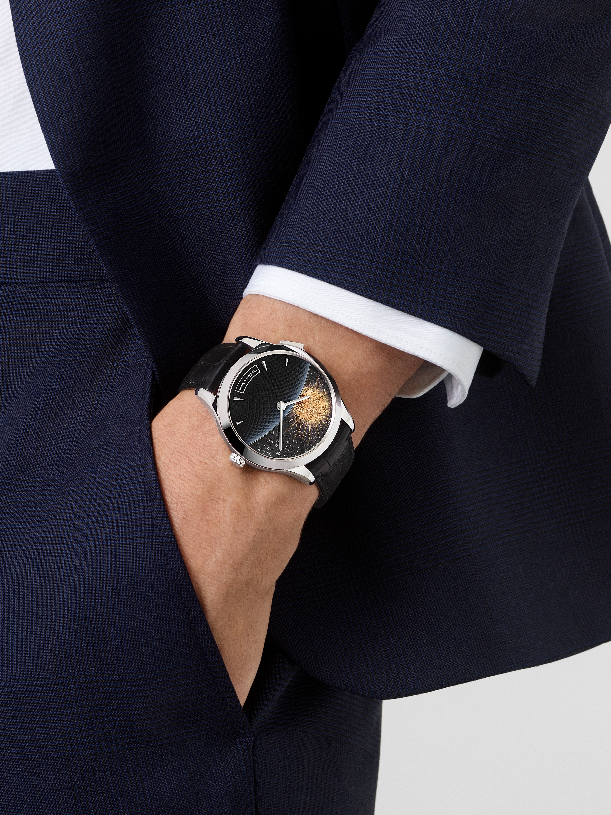 Midnight Jour Nuit Phase de Lune watch, 18K white gold, Aventurine:  2 stones, Mother-of-pearl:  2 stones, Worn Detail, Watch - Van Cleef & Arpels