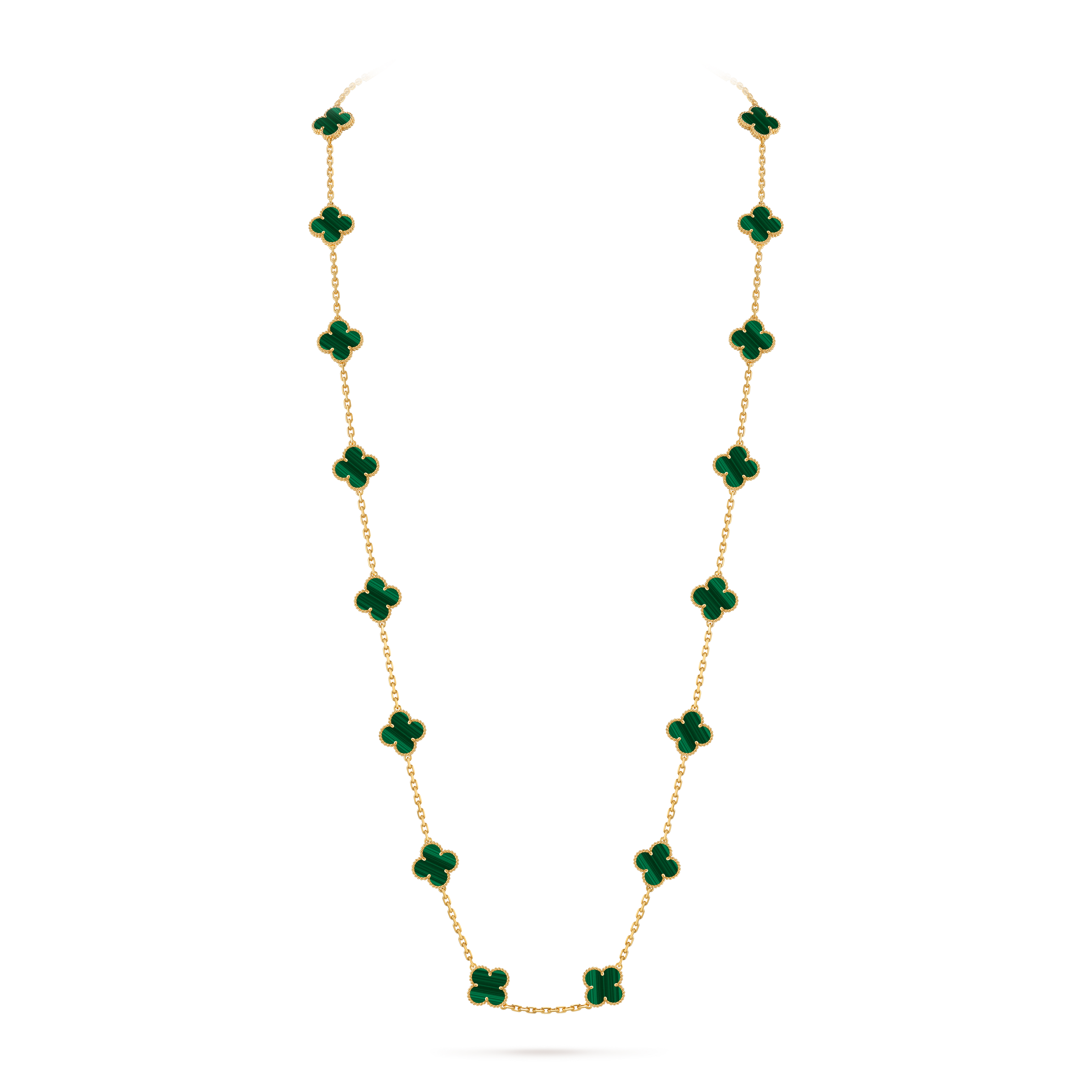 Vintage Alhambra long necklace, 20 motifs, 18K yellow gold, Malachite:  20 stones, On Stand, Jewelry Long Necklace - Van Cleef & Arpels