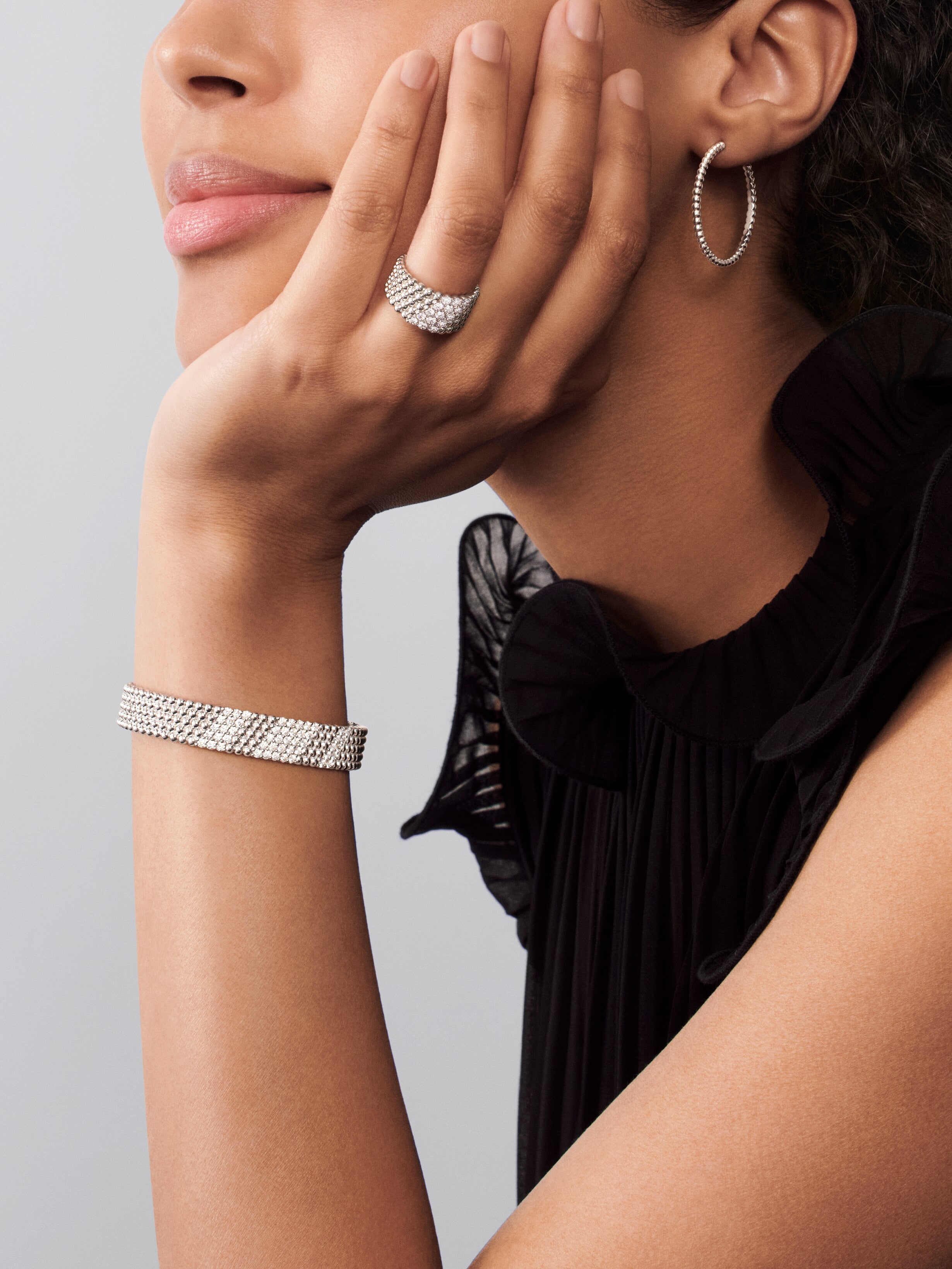 Perlée diamonds bracelet, 5 rows, large model, 18K white gold, Diamond:  50 stones,  2.01 carats, Worn Alternative, Jewelry Bracelet - Van Cleef & Arpels