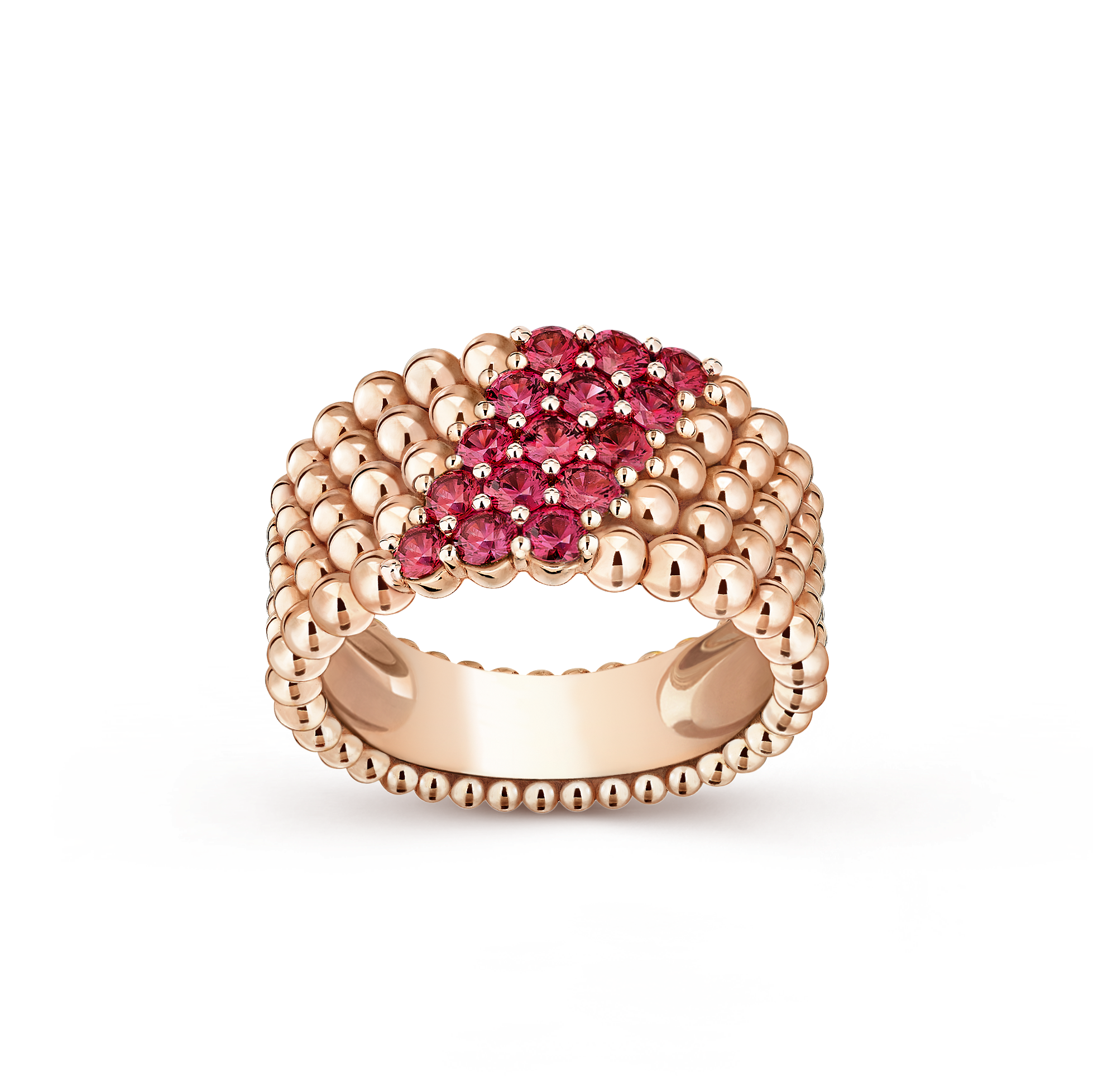 Perlée couleurs ring, 5 rows, 18K rose gold, Ruby:  15 stones,  0.99 carat, Front, Jewelry Ring - Van Cleef & Arpels