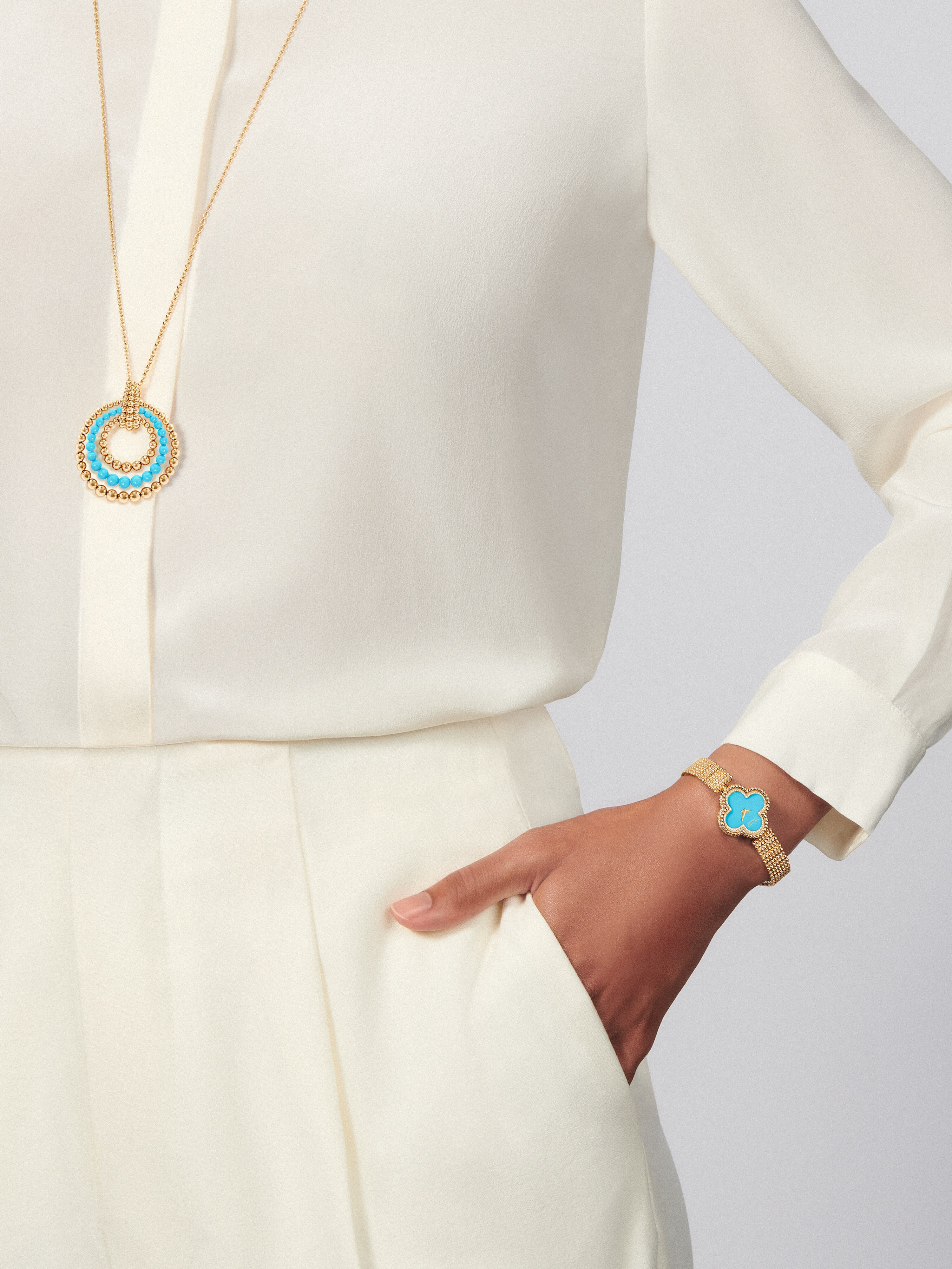 Sweet Alhambra watch, 18K yellow gold, Diamond:  185 stones,  0.74 carat, Turquoise:  1 stone, Worn Detail, Watch - Van Cleef & Arpels