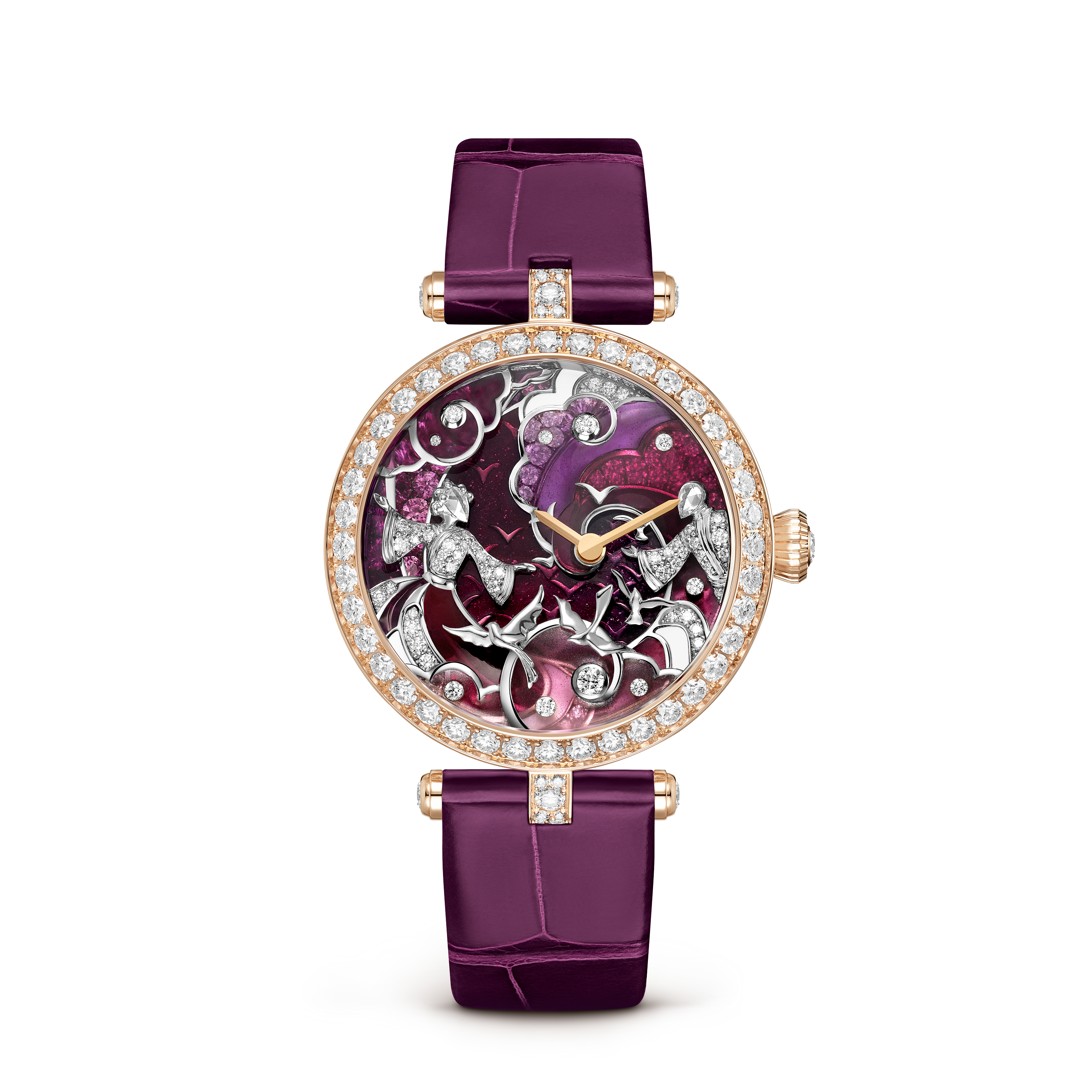 Lady Retrouvailles Célestes watch, 18K rose gold, Diamond:  403 stones,  4.64 carats, Mother-of-pearl:  5 stones, Sapphire:  31 stones,  1.44 carats, Front, Watch - Van Cleef & Arpels