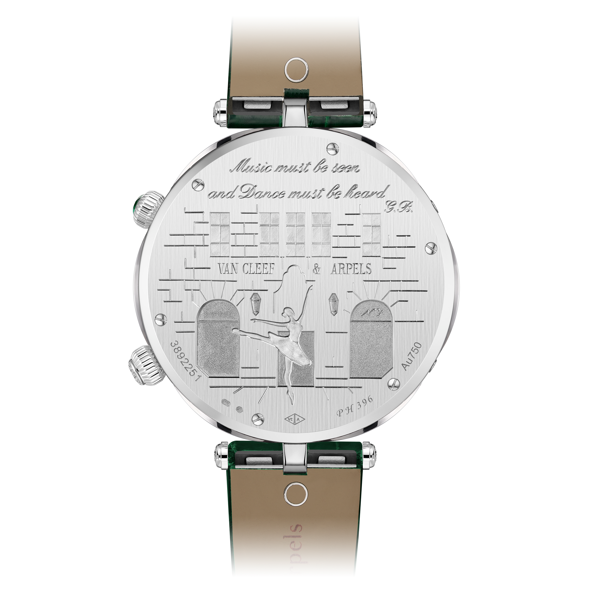 Lady Arpels Ballerine Musicale Emeraude watch, 18K white gold, Diamond:  733 stones,  7.52 carats, Emerald:  1 stone,  0.16 carat, Back, Watch - Van Cleef & Arpels