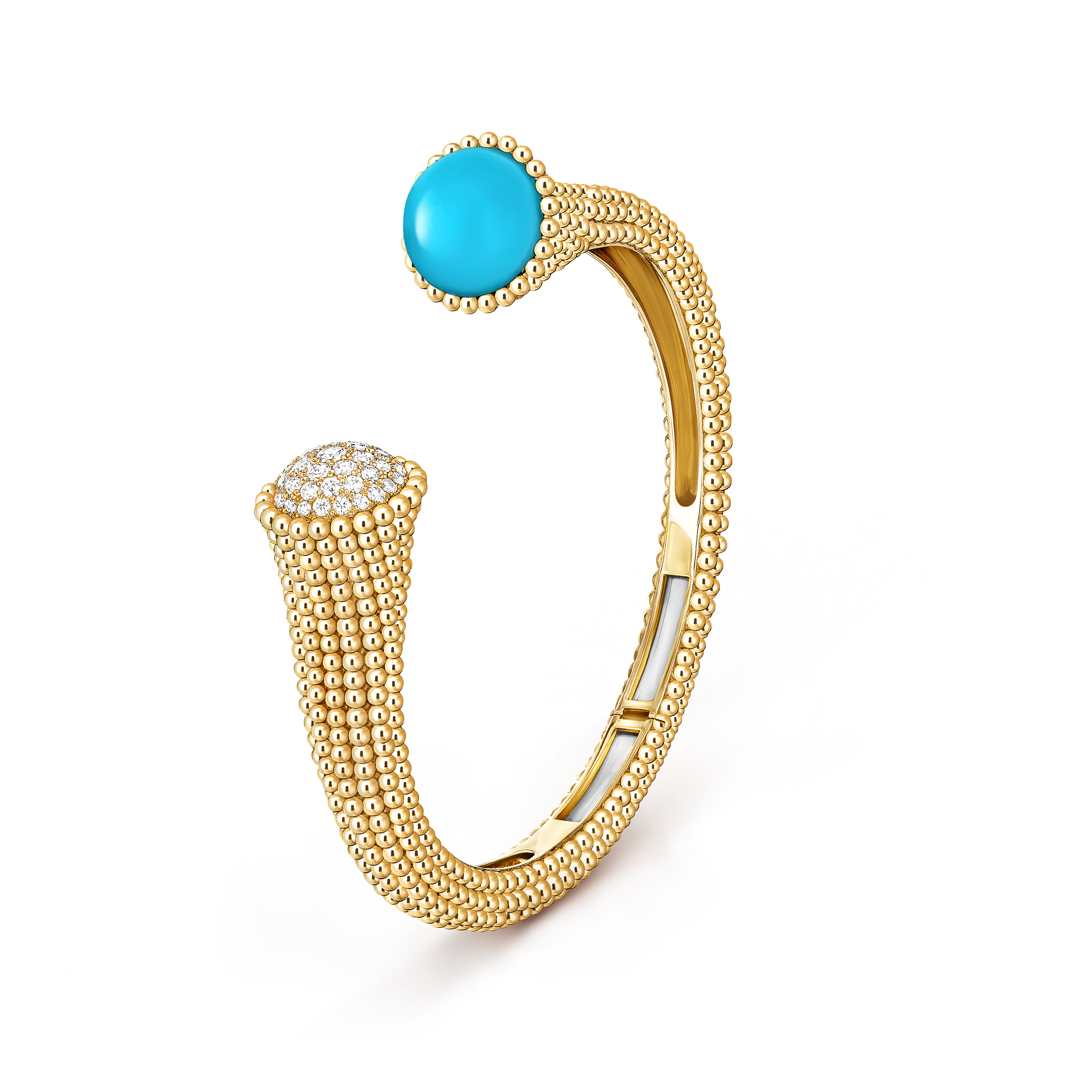 Perlée couleurs bracelet, large model, 18K yellow gold, Diamond:  43 stones,  0.76 carat, Turquoise:  1 stone, Three Fourth, Jewelry Bracelet - Van Cleef & Arpels