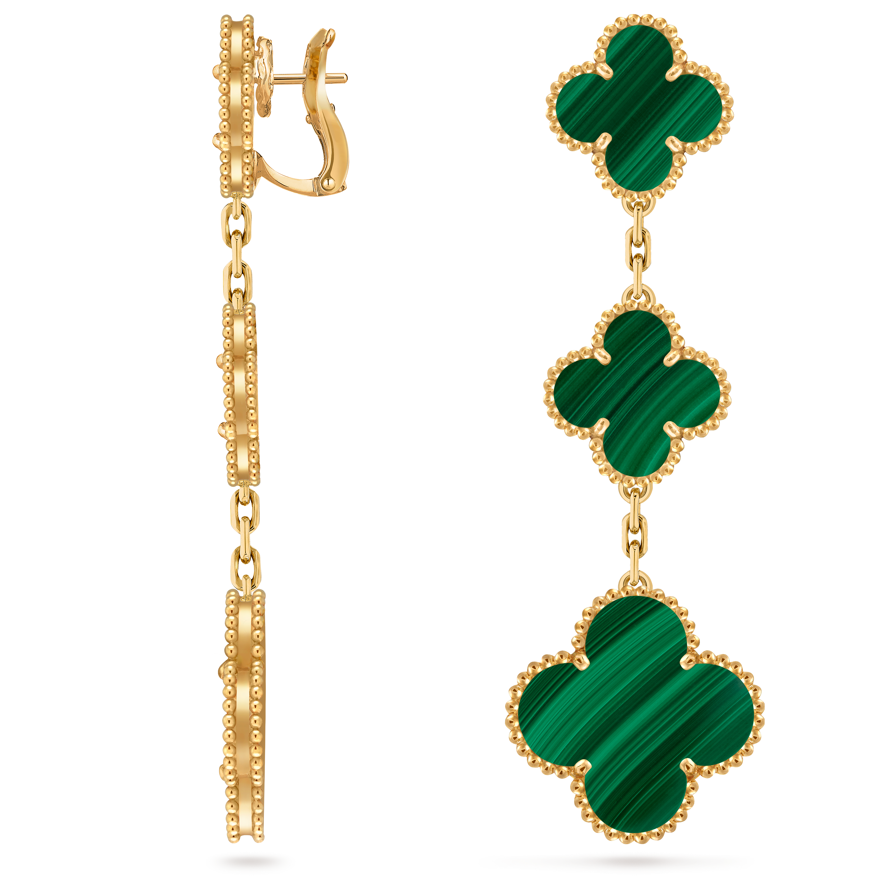 Magic Alhambra耳环，3枚四叶幸运图案, 18K黄金, 孔雀石:  6颗, Three Fourth, Jewelry Earrings_梵克雅宝_Van Cleef & Arpels