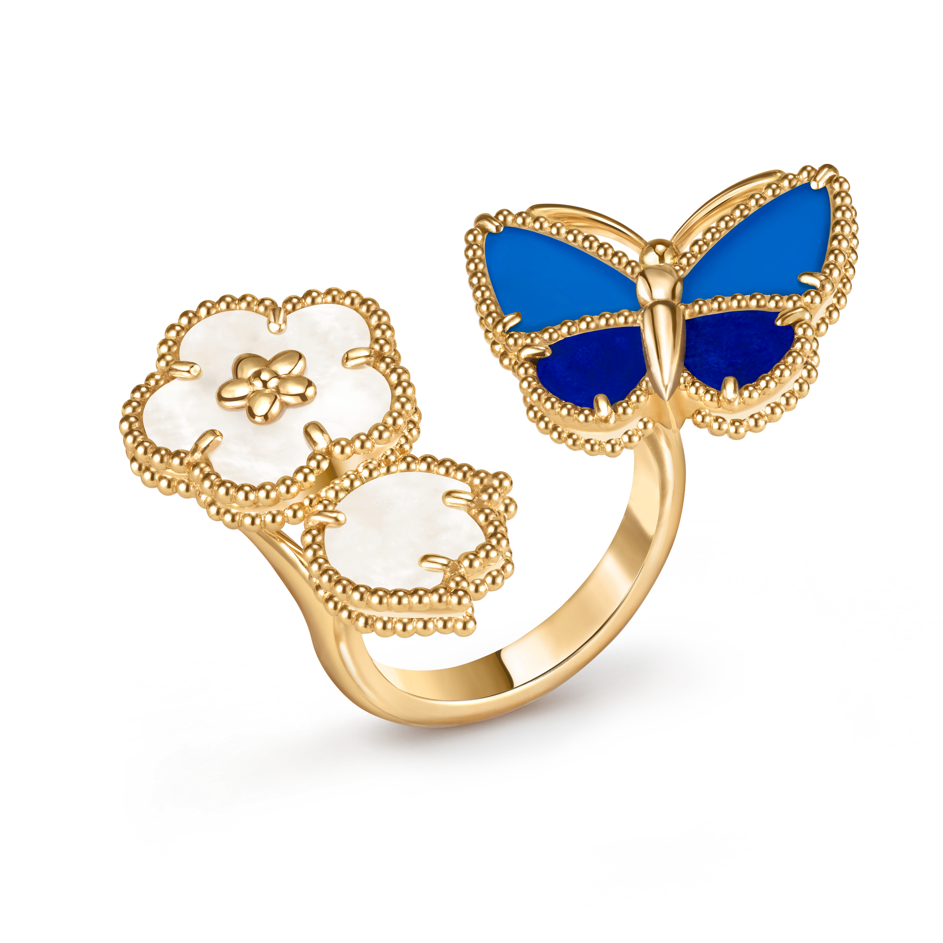 Lucky Spring Butterfly指间戒, 18K黄金, 玛瑙:  2颗, 珍珠母贝:  2颗, 青金石:  2颗, Three Fourth, Jewelry Ring_梵克雅宝_Van Cleef & Arpels