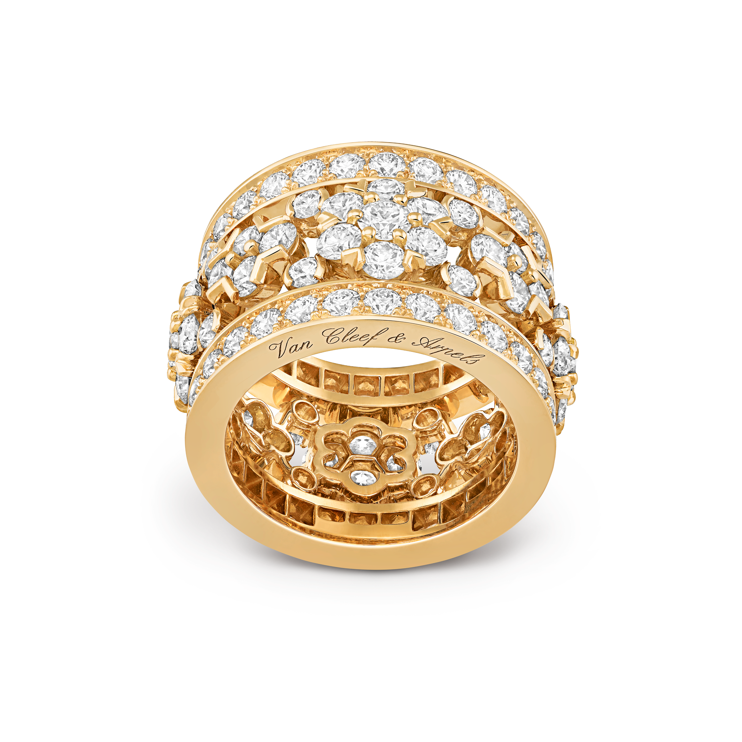 Snowflake ring, 18K yellow gold, Diamond:  114 stones,  5.25 carats, Front, High Jewelry Ring - Van Cleef & Arpels