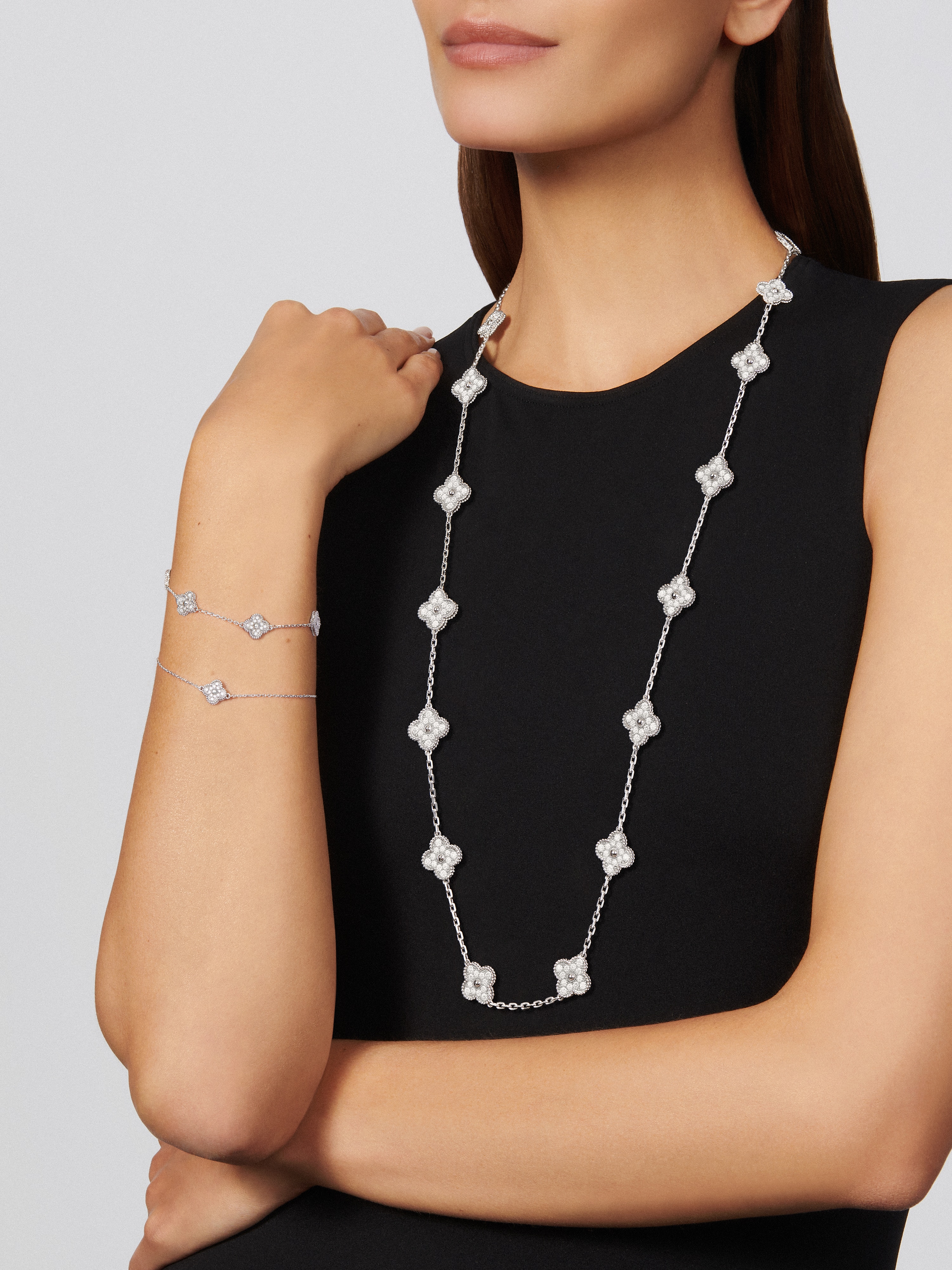 Vintage Alhambra long necklace, 20 motifs, 18K white gold, Diamond:  240 stones,  9.66 carats, Worn Detail, Jewelry Long Necklace - Van Cleef & Arpels