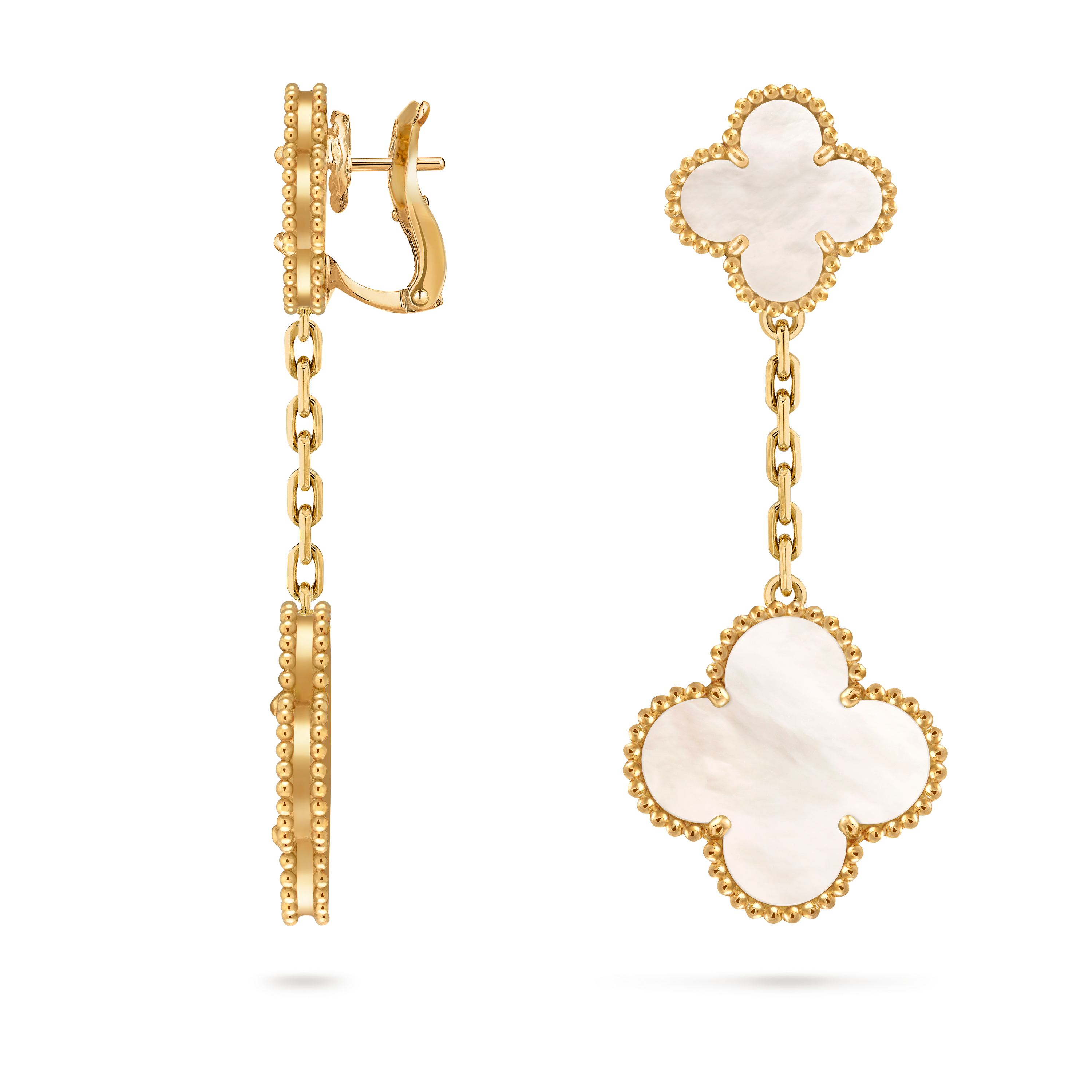 Magic Alhambra耳环，2枚四叶幸运图案, 18K黄金, 珍珠母贝:  4颗, Three Fourth, Jewelry Earrings_梵克雅宝_Van Cleef & Arpels