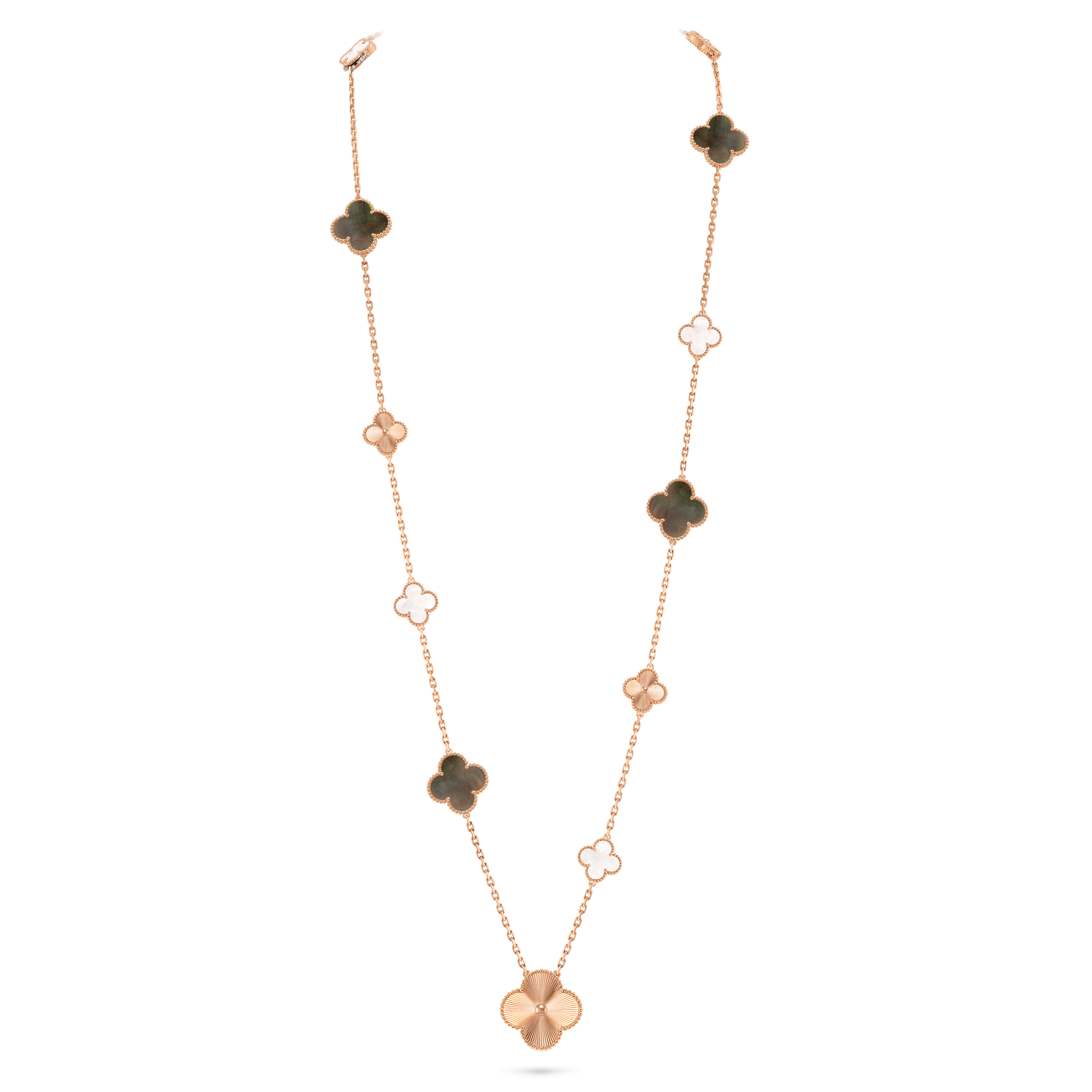 Magic Alhambra可转换式长项链，15枚四叶幸运图案, 18K玫瑰金, 珍珠母贝:  11颗, On Stand, Jewelry Long Necklace_梵克雅宝_Van Cleef & Arpels