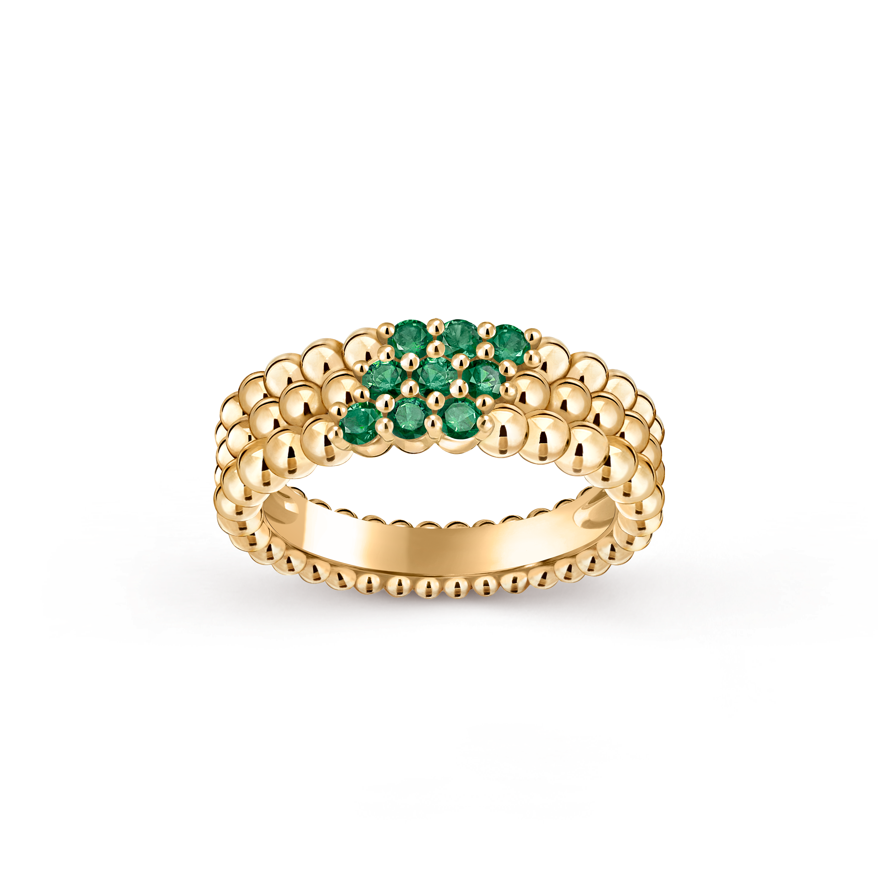 Perlée couleurs ring, 3 rows, 18K yellow gold, Emerald:  9 stones,  0.45 carat, Front, Jewelry Ring - Van Cleef & Arpels