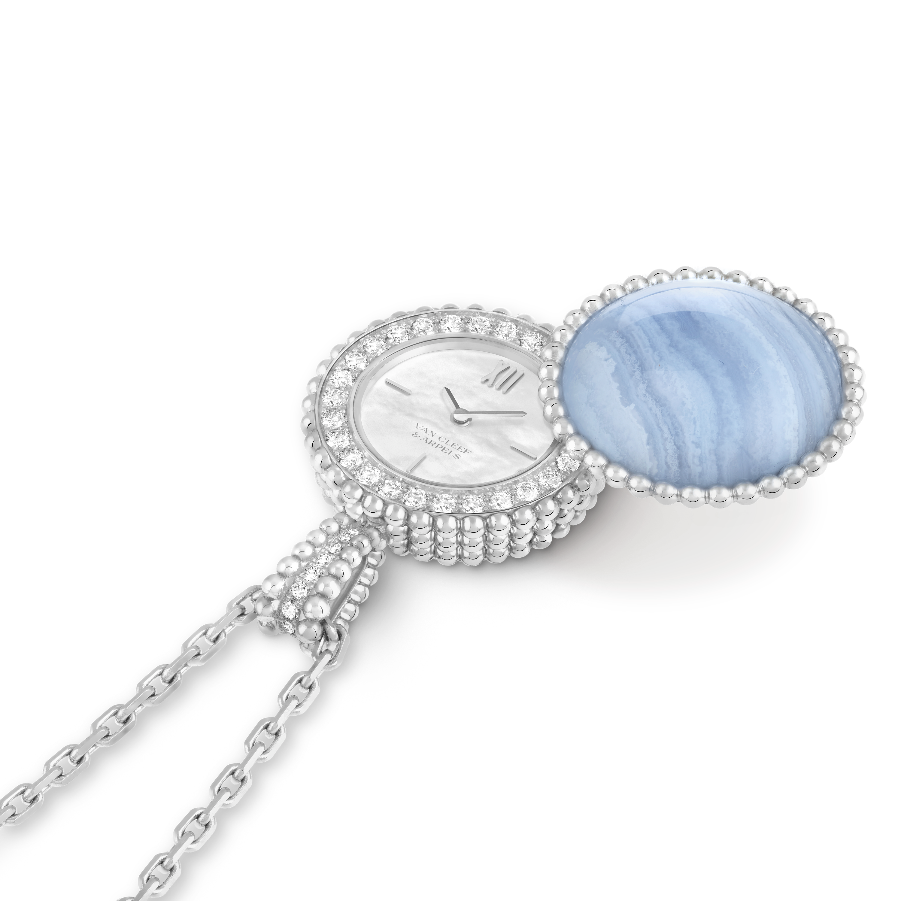 Perlée secret pendant watch, 18K white gold, Chalcedony:  1 stone, Diamond:  40 stones,  0.92 carat, Mother-of-pearl:  1 stone, Front, Watch - Van Cleef & Arpels