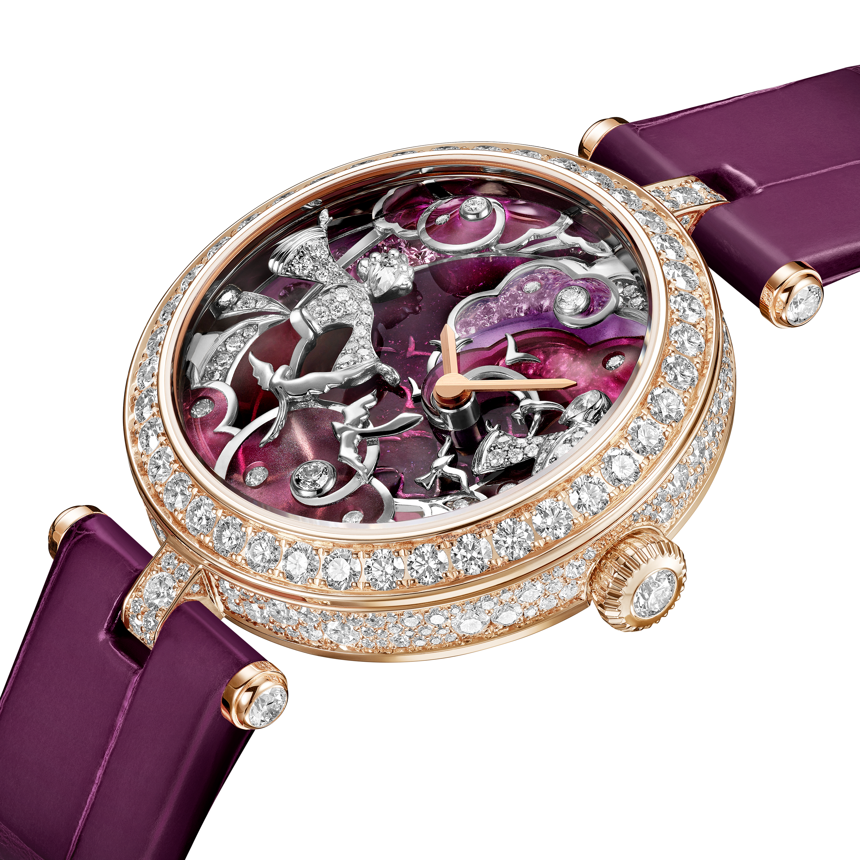 Lady Retrouvailles Célestes watch, 18K rose gold, Diamond:  403 stones,  4.64 carats, Mother-of-pearl:  5 stones, Sapphire:  31 stones,  1.44 carats, Three Fourth Alternative, Watch - Van Cleef & Arpels