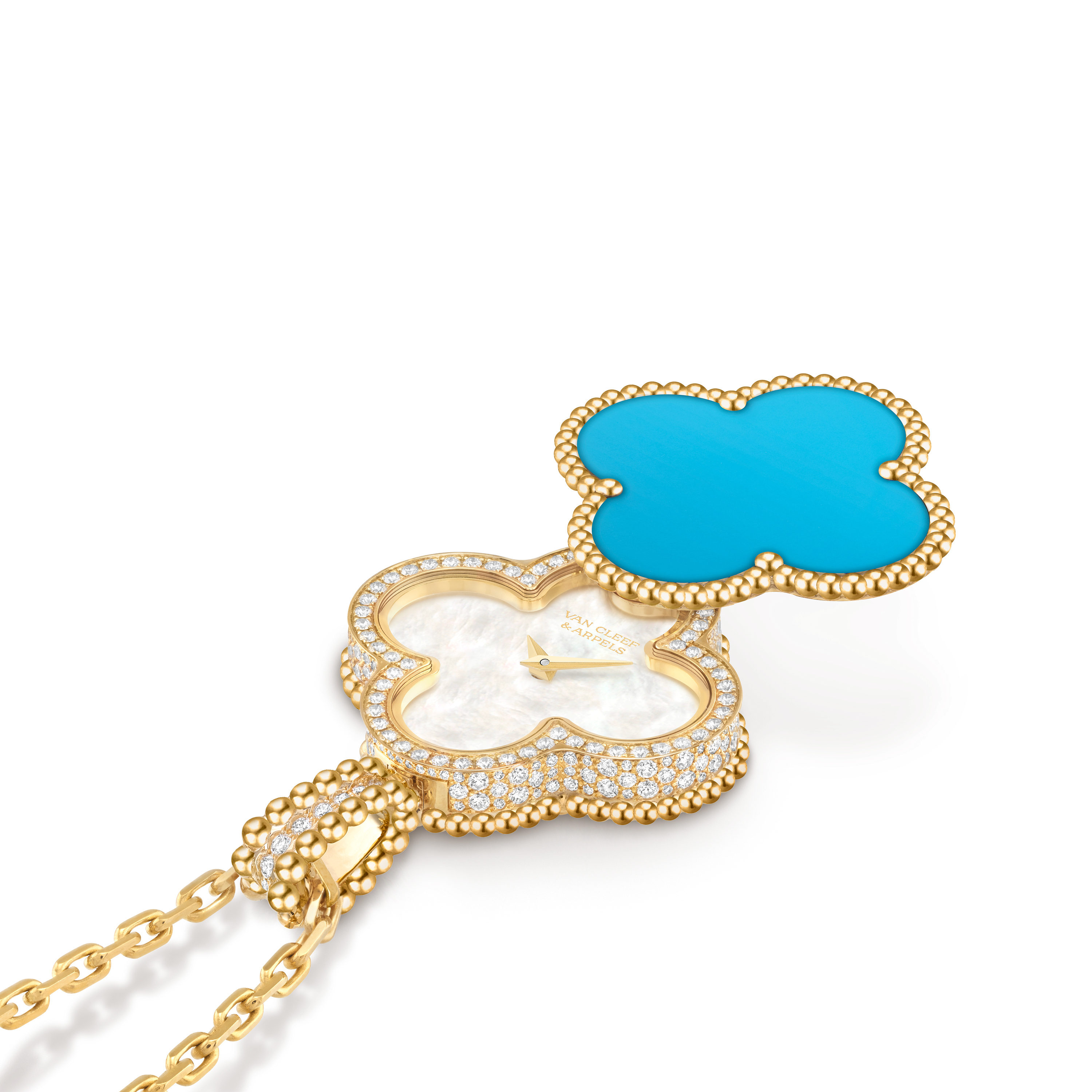 Alhambra secret pendant watch 18K yellow gold, Diamond, Mother-of-pearl,  Turquoise- Van Cleef & Arpels