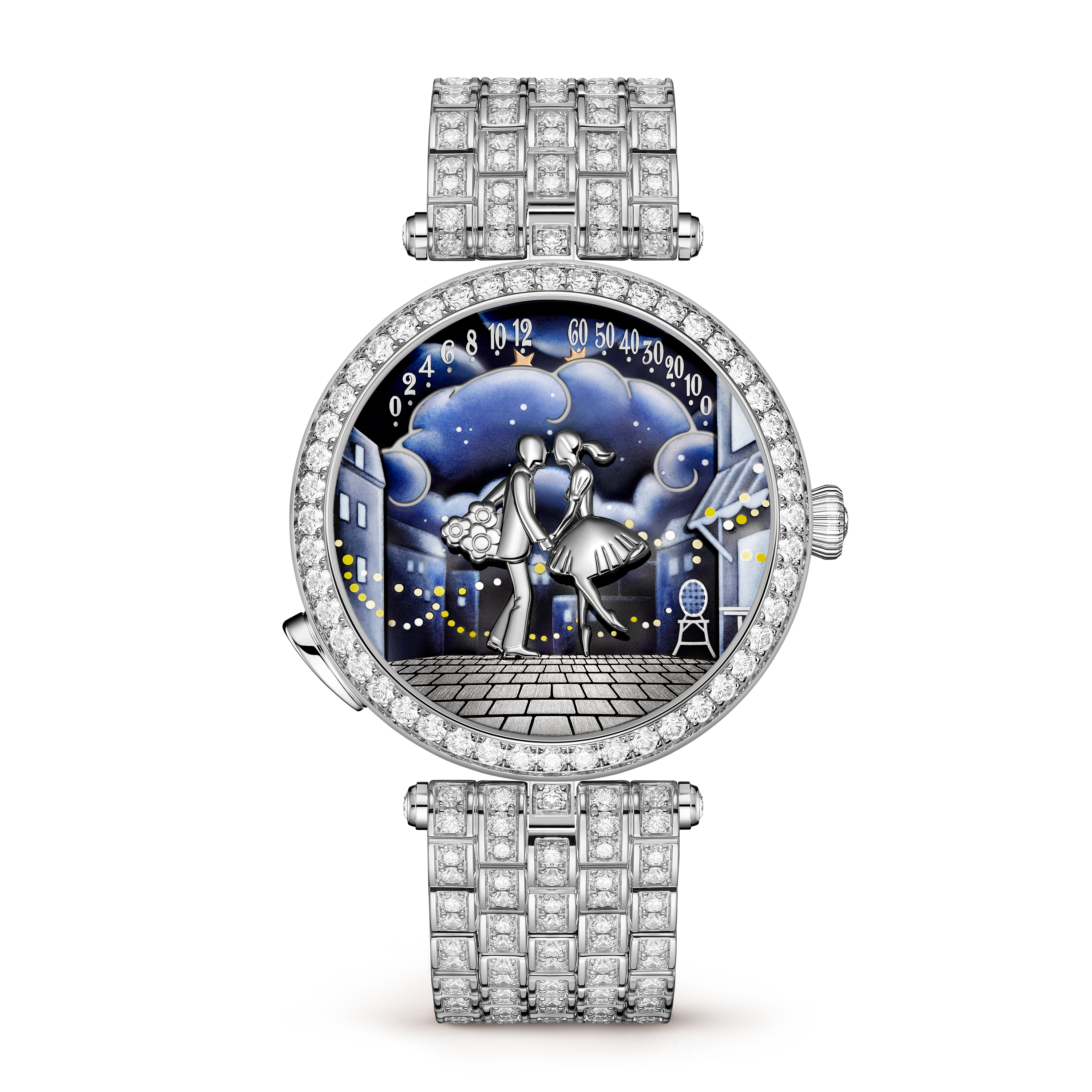 Lady Arpels Bal des Amoureux Automate watch, 18K white gold, Diamond:  388 stones,  12.41 carats, Front Alternative, Watch - Van Cleef & Arpels