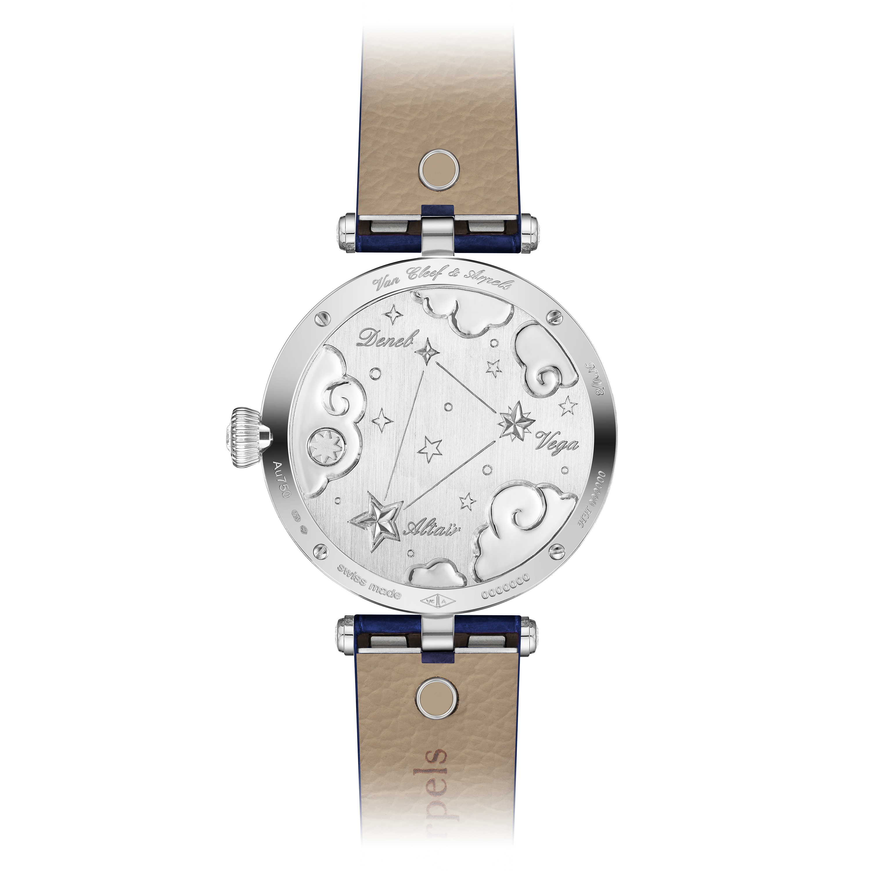 Lady Rencontre Céleste watch, 18K white gold, Diamond:  412 stones,  4.71 carats, Mother-of-pearl:  5 stones, Sapphire:  31 stones,  1.42 carats, Open, Watch - Van Cleef & Arpels
