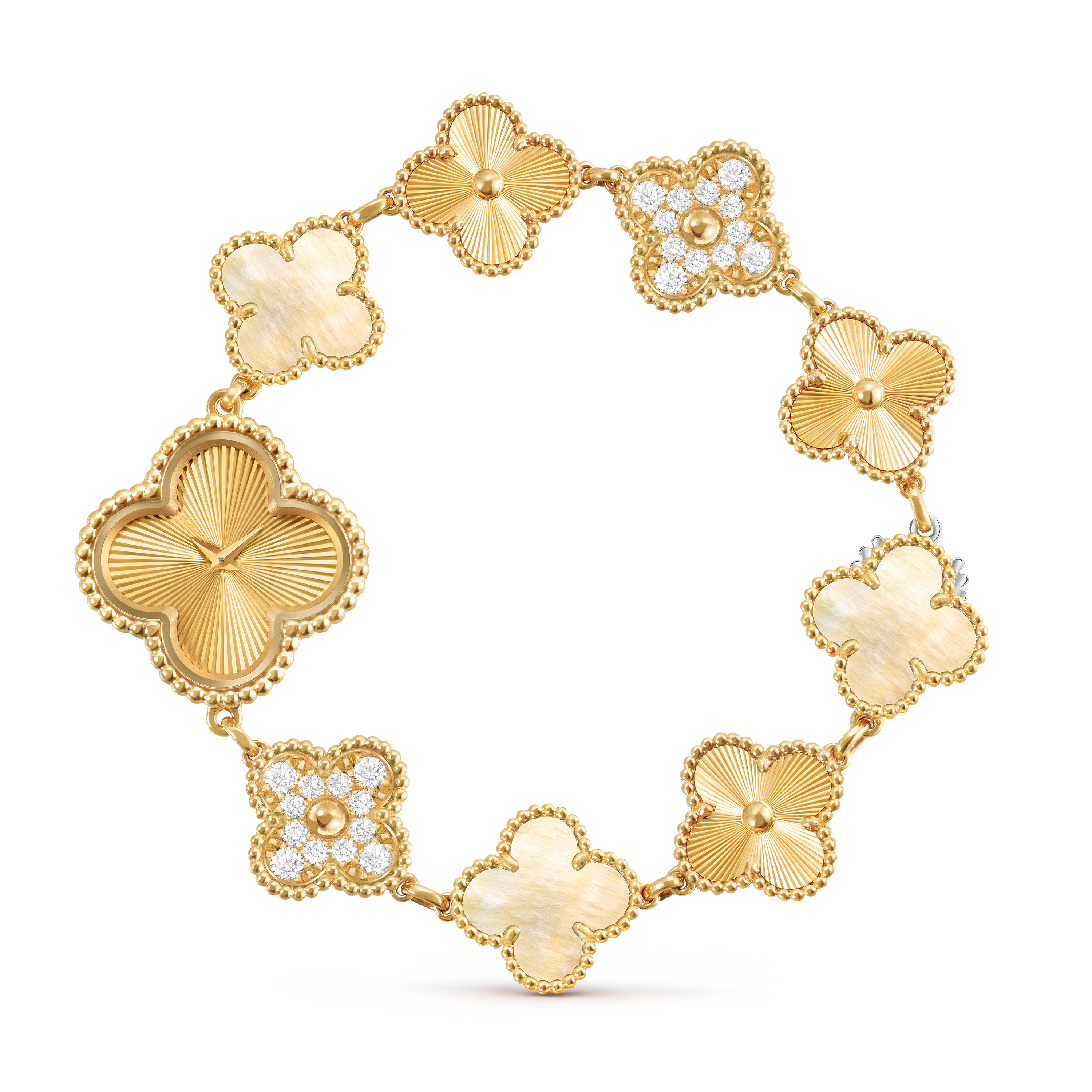 Sweet Alhambra腕表, 18K黄金, 珍珠母贝:  3颗, 钻石:  24颗,  0.95 克拉, Front Alternative, Watch_梵克雅宝_Van Cleef & Arpels