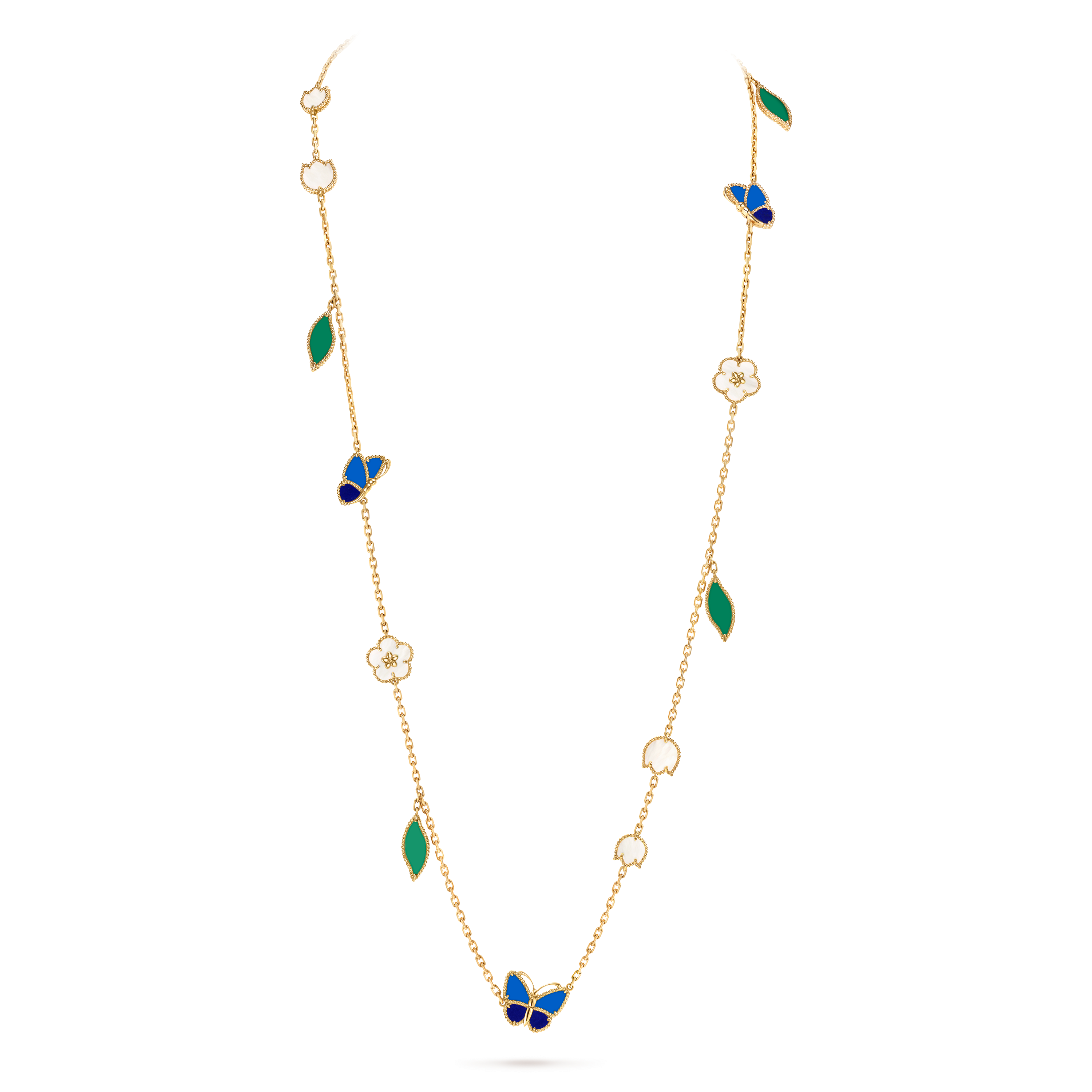 Lucky Spring Butterfly长项链，15枚主题图案, 18K黄金, 玛瑙:  11颗, 珍珠母贝:  7颗, 青金石:  4颗, On Stand, Jewelry Long Necklace_梵克雅宝_Van Cleef & Arpels