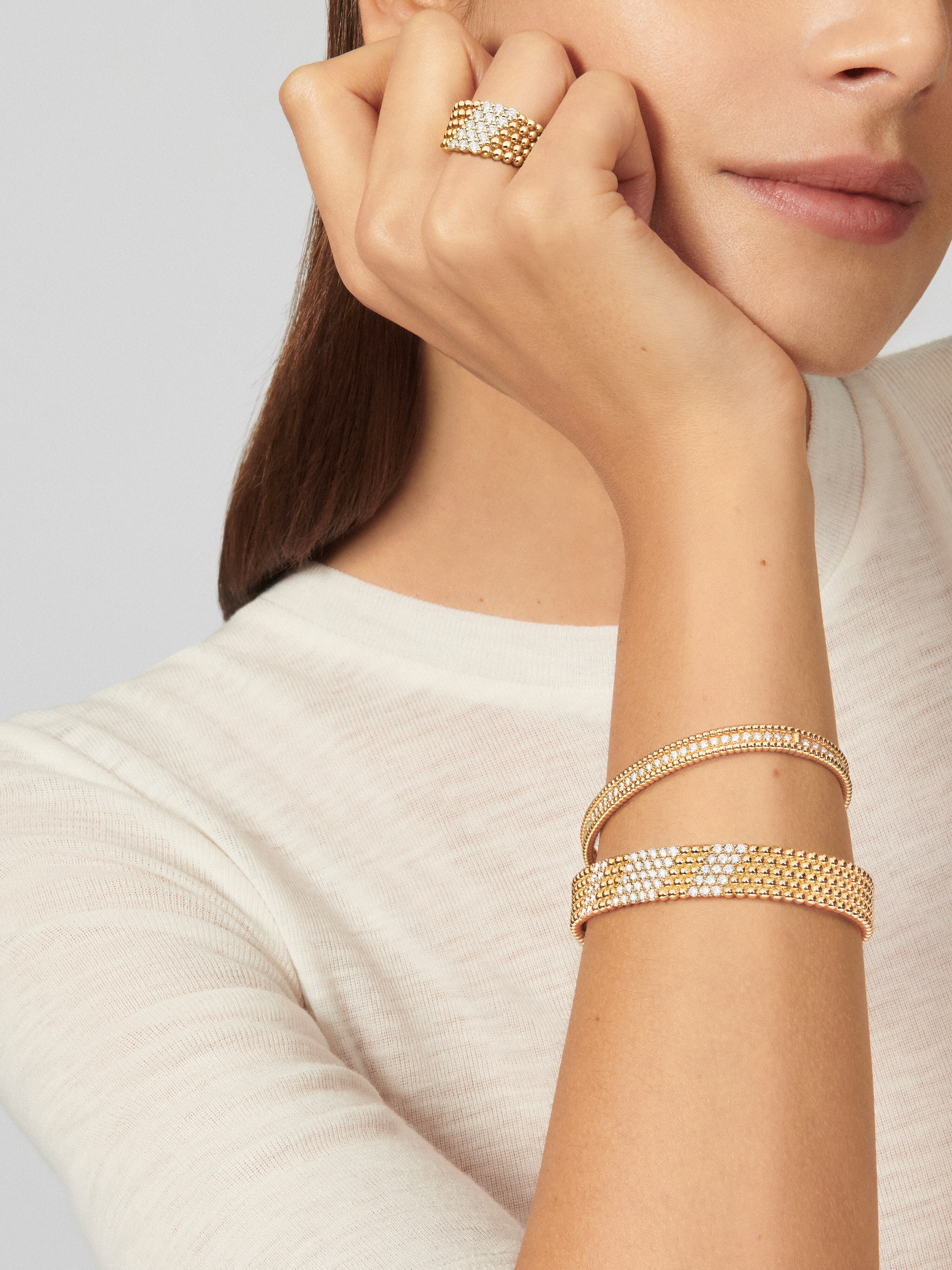 Perlée diamonds bracelet, 5 rows, extra small model, 18K yellow gold, Diamond:  50 stones,  2.01 carats, Worn Alternative, Jewelry Bracelet - Van Cleef & Arpels
