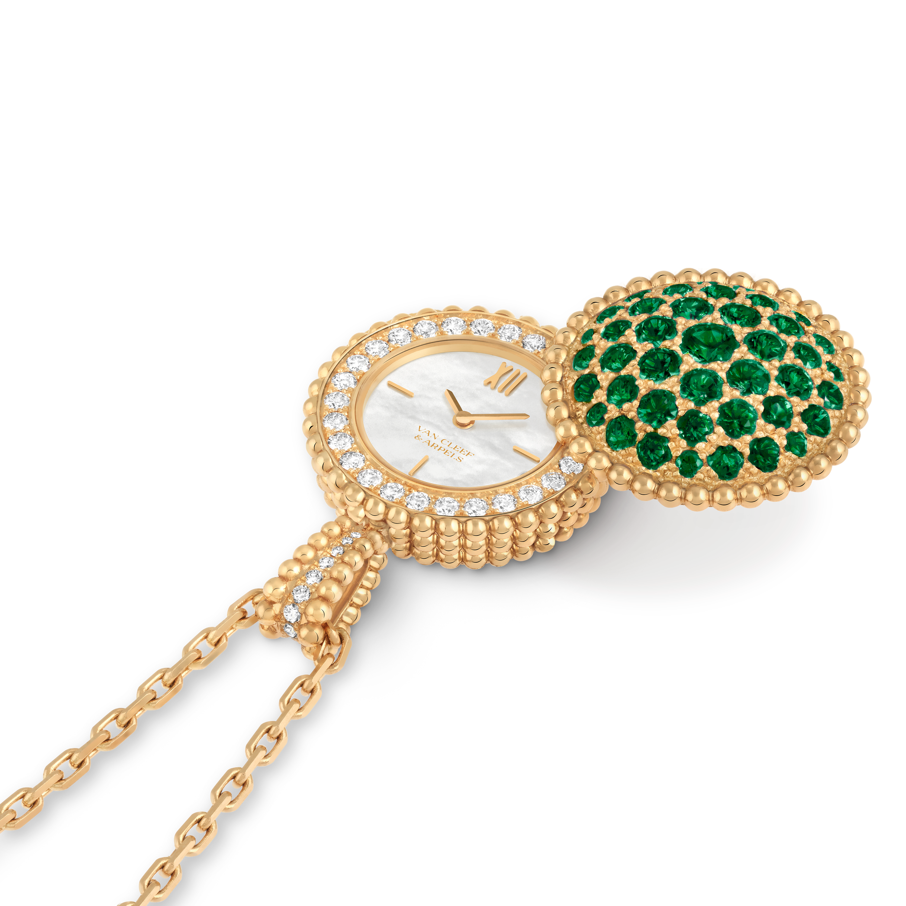 Perlée secret pendant watch, 18K yellow gold, Diamond:  40 stones,  0.92 carat, Emerald:  43 stones,  3.52 carats, Mother-of-pearl:  1 stone, Front, Watch - Van Cleef & Arpels