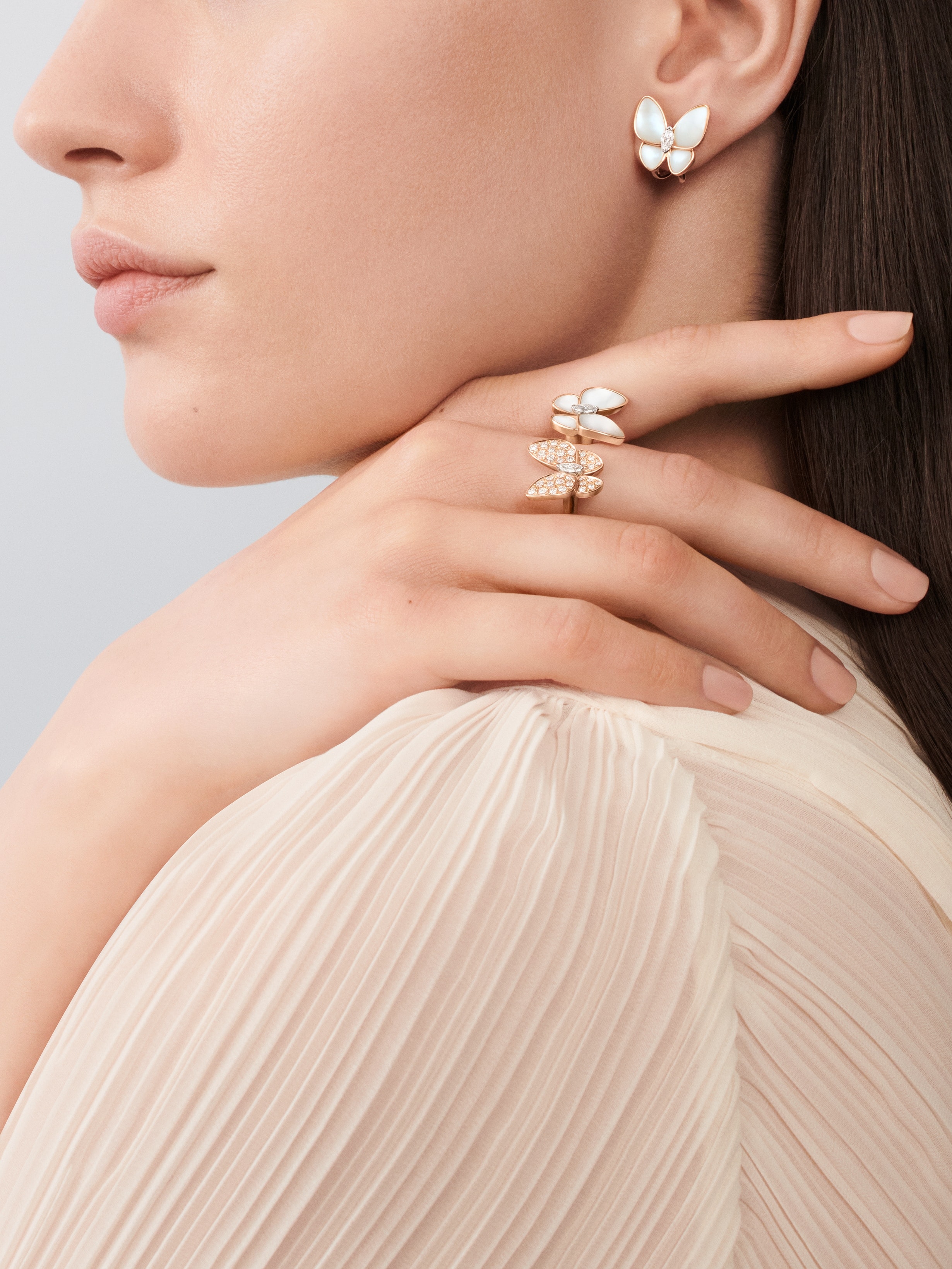 Two Butterfly earrings 18K rose gold, Diamond, Mother-of