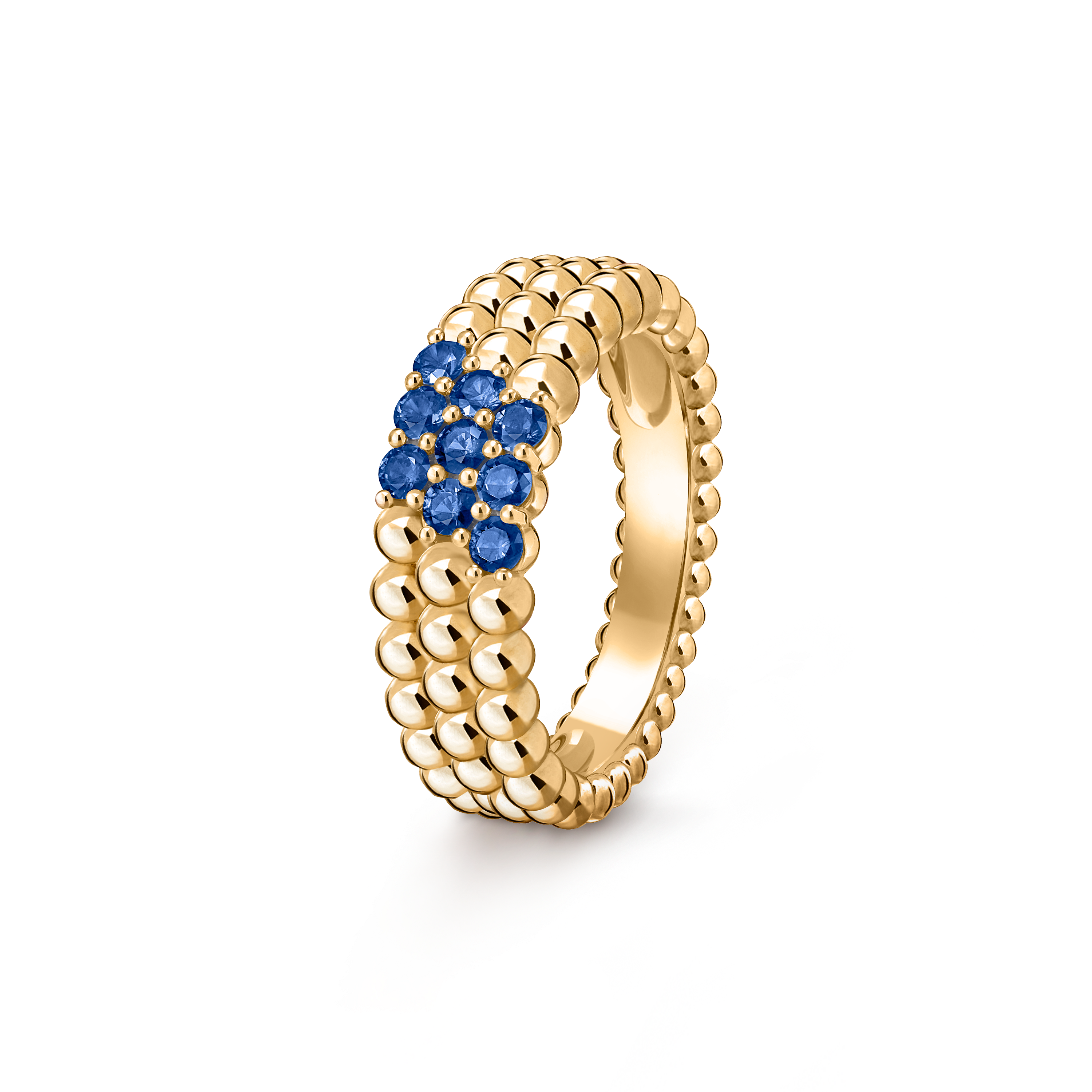 Perlée couleurs ring, 3 rows, 18K yellow gold, Sapphire:  9 stones,  0.41 carat, Three Fourth, Jewelry Ring - Van Cleef & Arpels