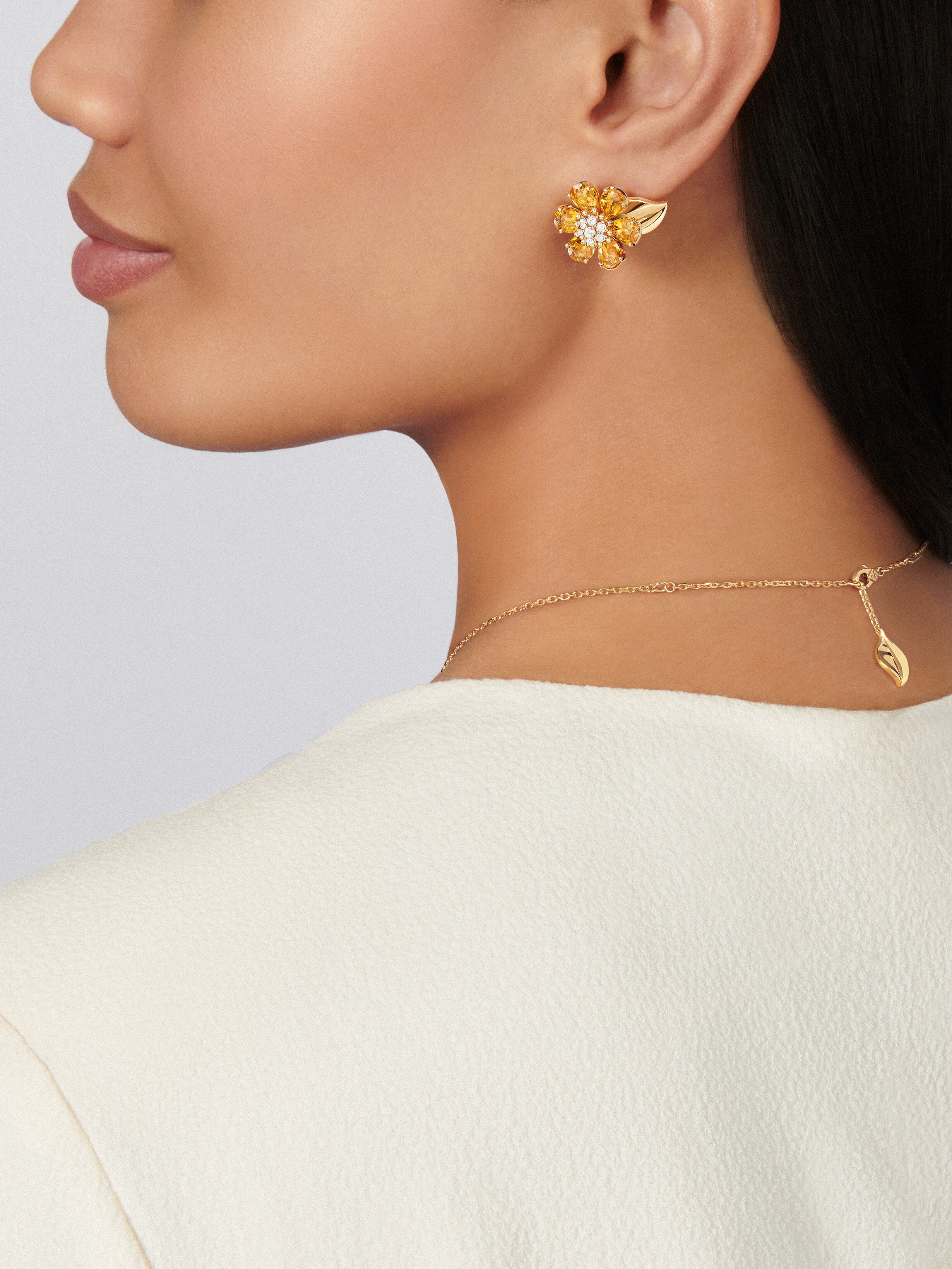 Fleurs d’Hawaï earrings, 18K yellow gold, Citrine:  12 stones,  7.68 carats, Diamond:  14 stones,  0.39 carat, Worn Alternative, Jewelry Earrings - Van Cleef & Arpels