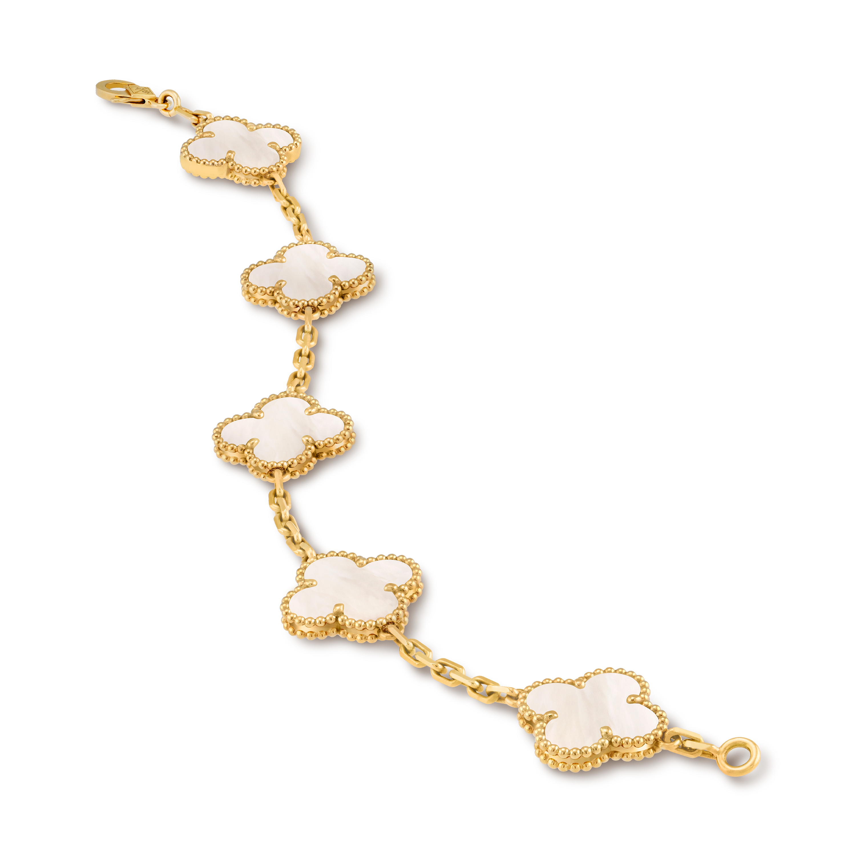 Vintage Alhambra bracelet, 5 motifs, 18K yellow gold, Mother-of-pearl:  5 stones, Close Up, Jewelry Bracelet - Van Cleef & Arpels