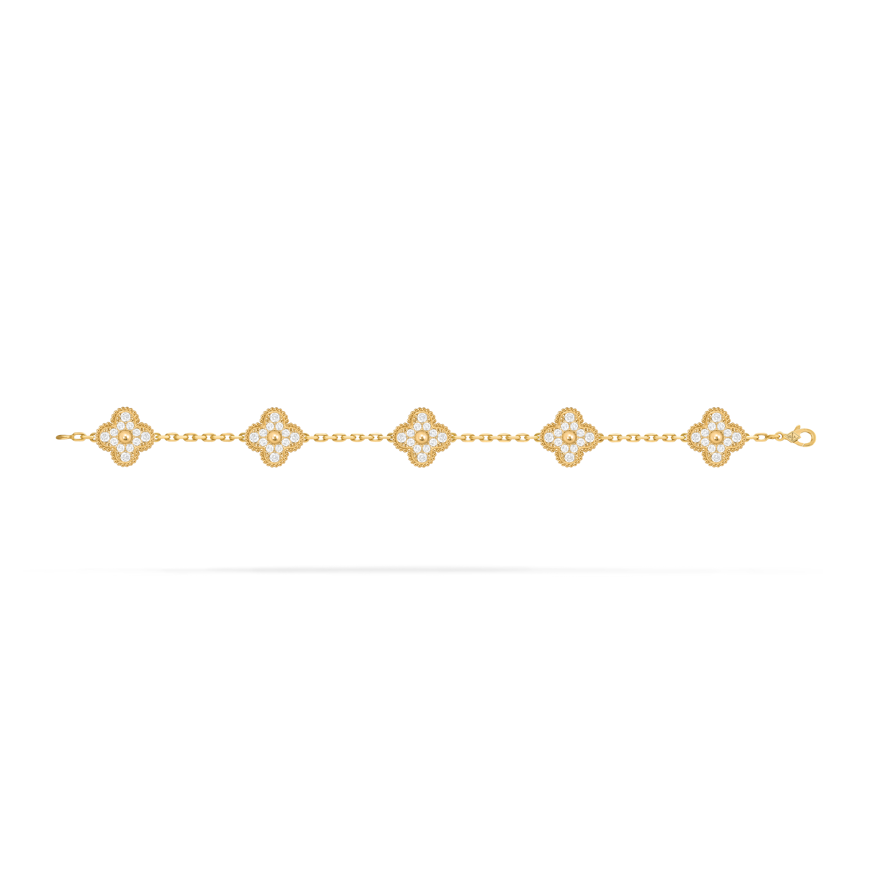 Vintage Alhambra bracelet, 5 motifs, 18K yellow gold, Diamond:  60 stones,  2.41 carats, Open, Jewelry Bracelet - Van Cleef & Arpels