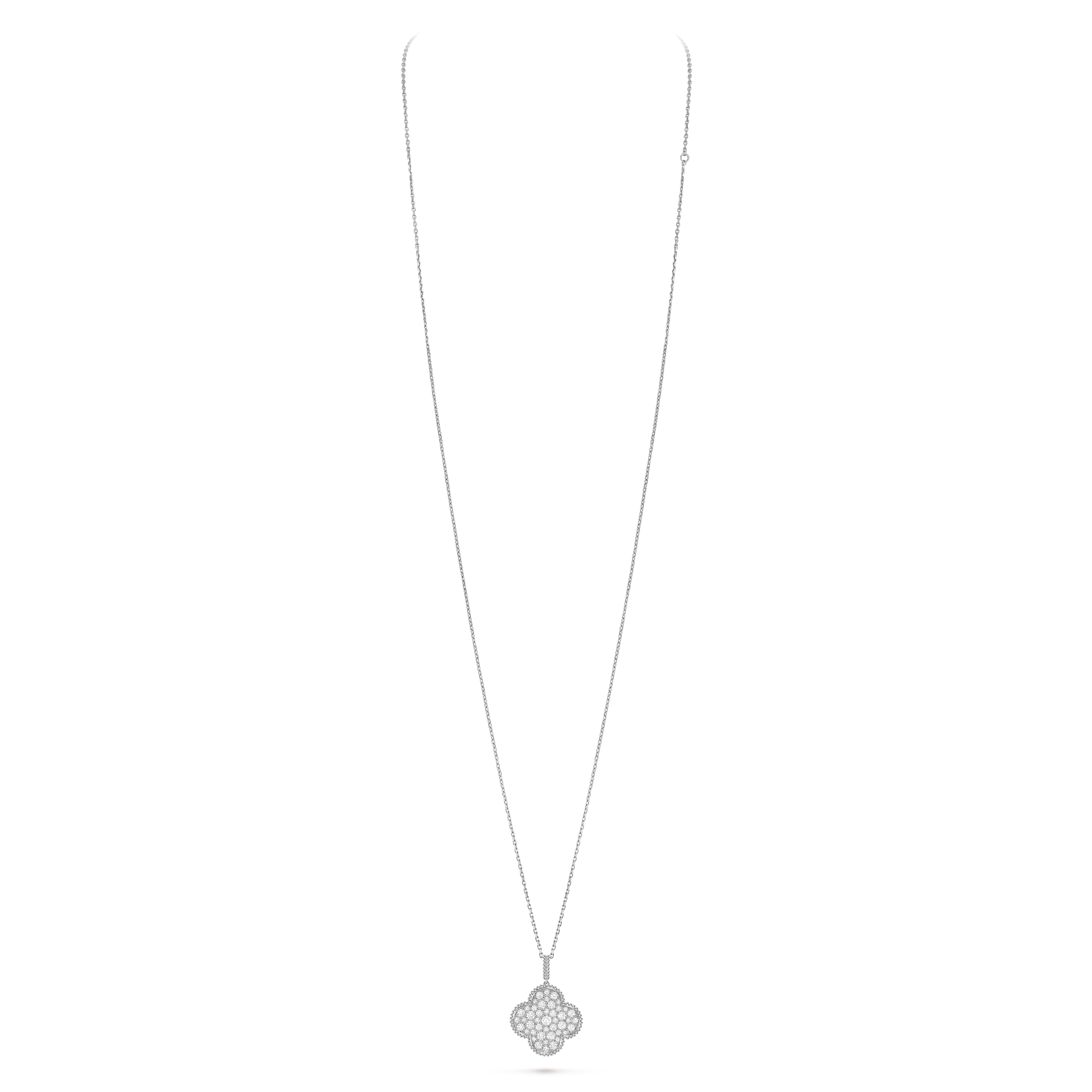 Magic Alhambra long necklace, 1 motif, 18K white gold, Diamond:  60 stones,  2.55 carats, Close Up, Jewelry Long Necklace - Van Cleef & Arpels