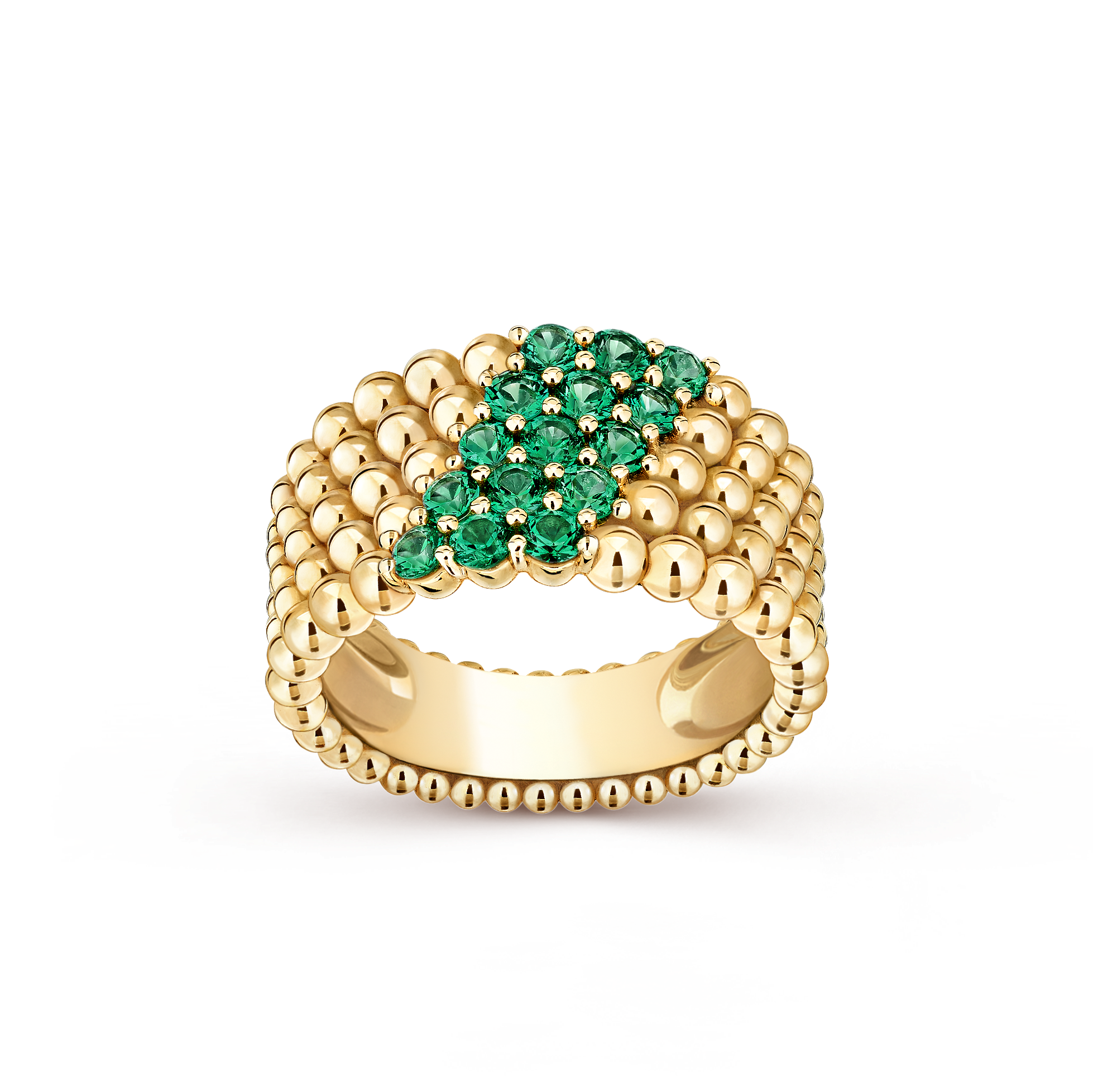 Perlée couleurs ring, 5 rows, 18K yellow gold, Emerald:  15 stones,  0.69 carat, Front, Jewelry Ring - Van Cleef & Arpels