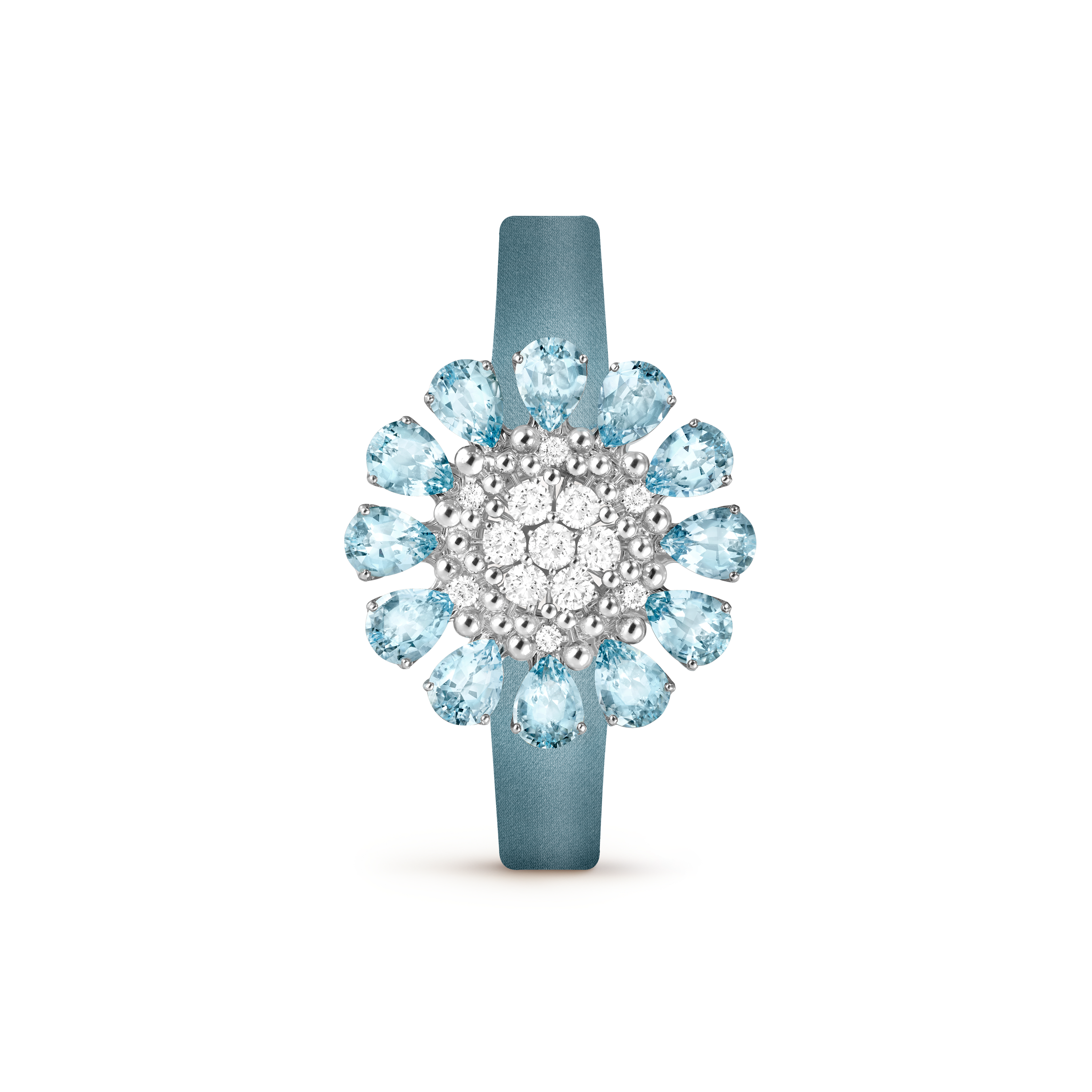 Fleurs d'Hawaï隐秘式腕表, 18K白金, 海蓝宝石:  12颗,  10.8 克拉, 珍珠母贝:  1 宝石, 钻石:  59颗,  2.63 克拉, Front Alternative, Watch_梵克雅宝_Van Cleef & Arpels