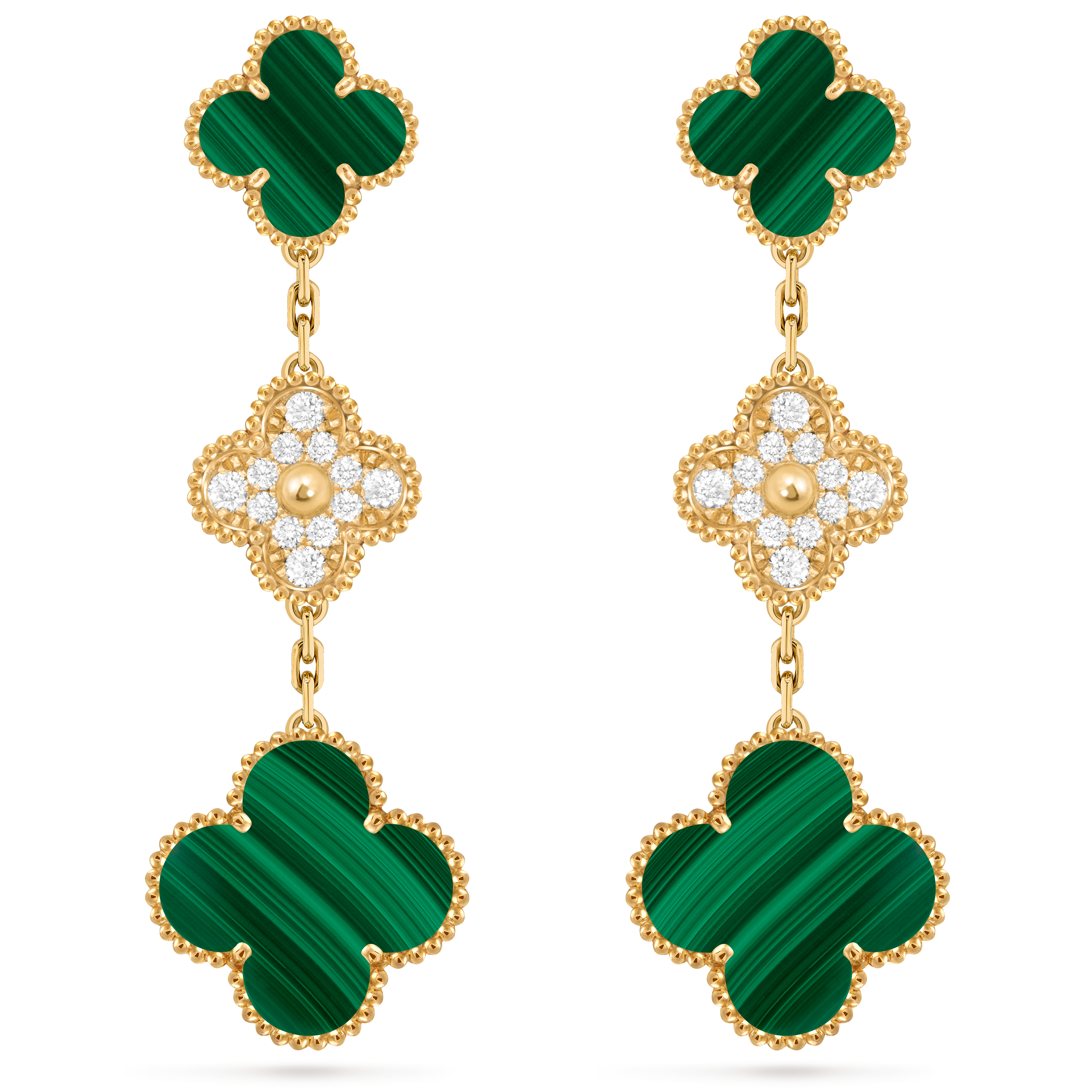 Magic Alhambra耳环，3图案, 18K黄金, 孔雀石:  4颗, 钻石:  24颗,  0.96 克拉, Front, Jewelry Earrings_梵克雅宝_Van Cleef & Arpels