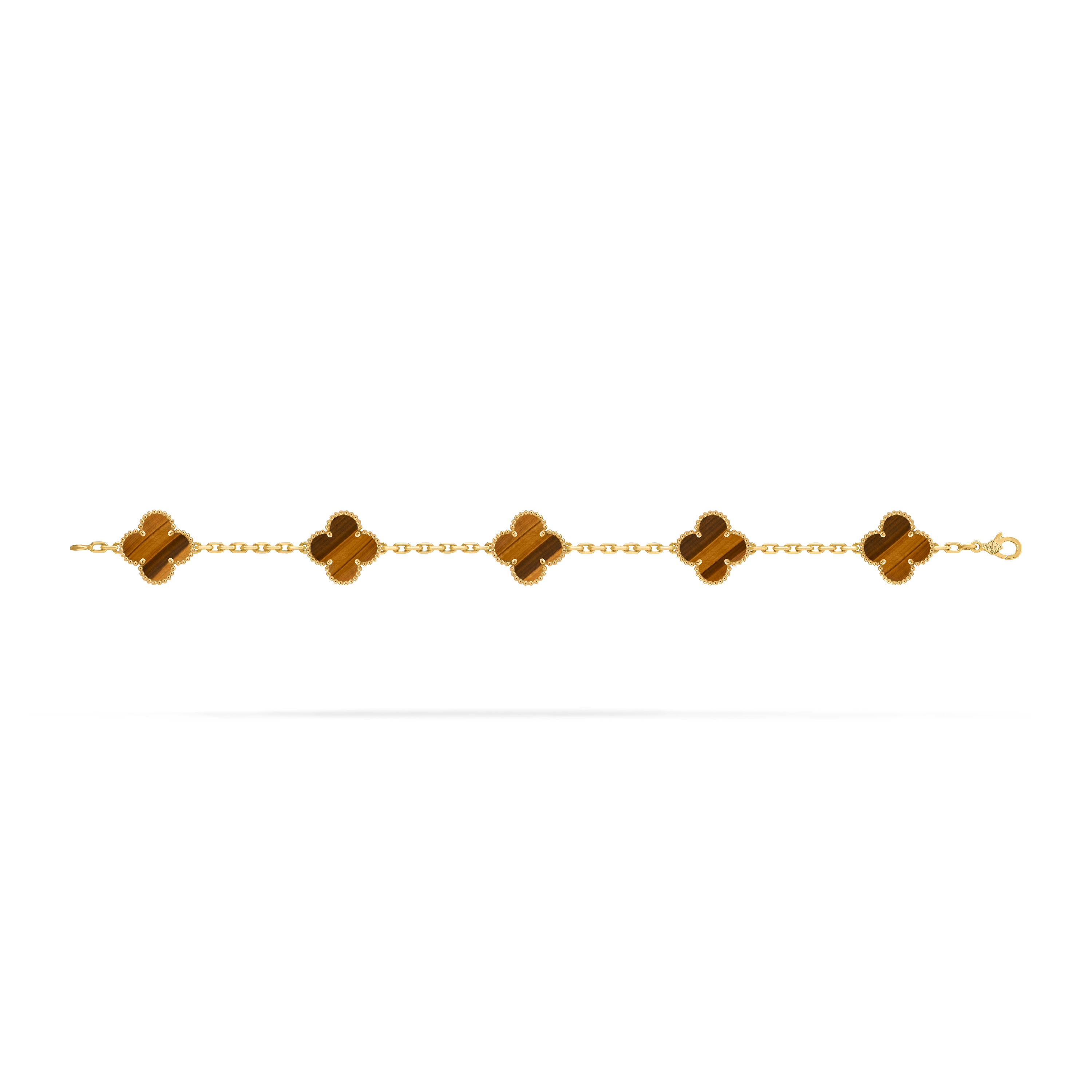 Vintage Alhambra bracelet, 5 motifs, 18K yellow gold, Tiger Eye:  5 stones, Open, Jewelry Bracelet - Van Cleef & Arpels