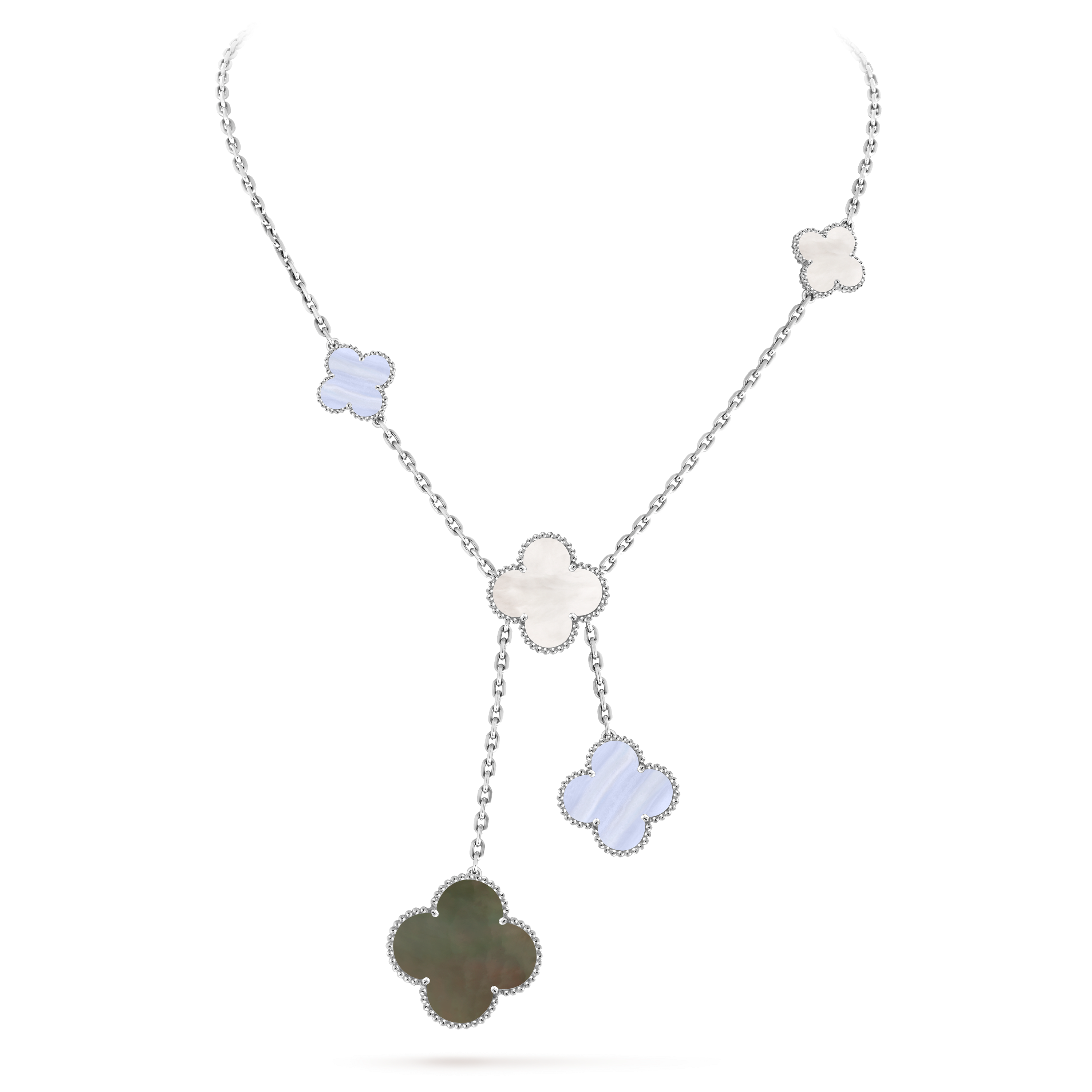 Magic Alhambra项链，6枚四叶幸运图案, 18K白金, 玉髓:  2颗, 珍珠母贝:  4颗, On Stand, Jewelry Necklace_梵克雅宝_Van Cleef & Arpels