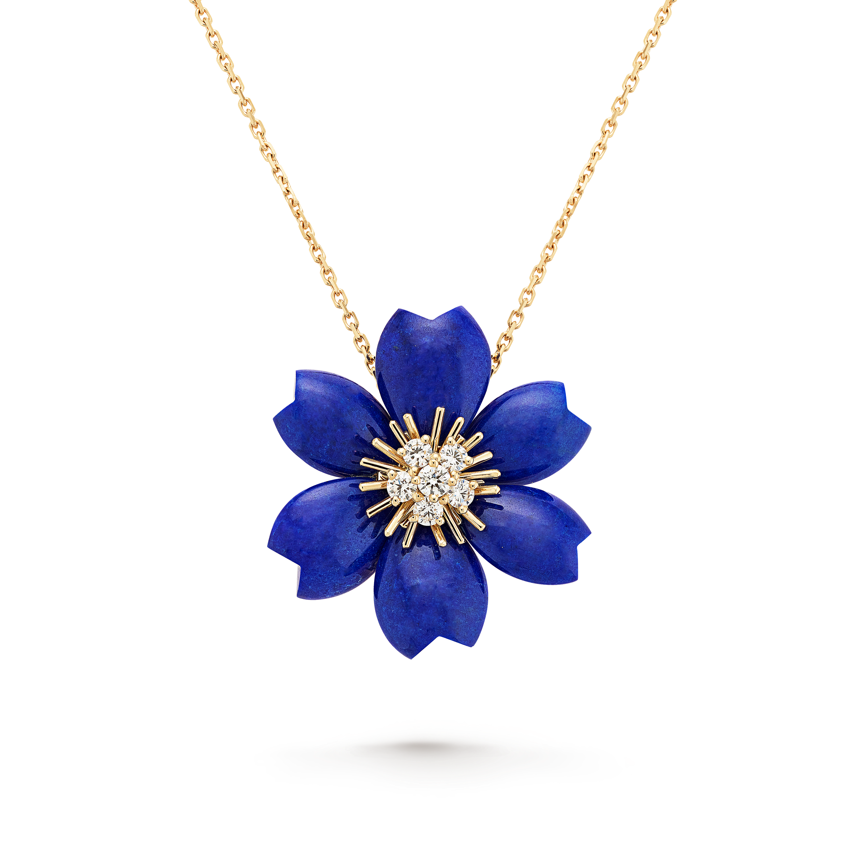 Rose de Noël clip pendant, small model, 18K yellow gold, Diamond:  6 stones,  0.48 carat, Lapis Lazuli:  6 stones, Detail, Jewelry Clip Pendant - Van Cleef & Arpels