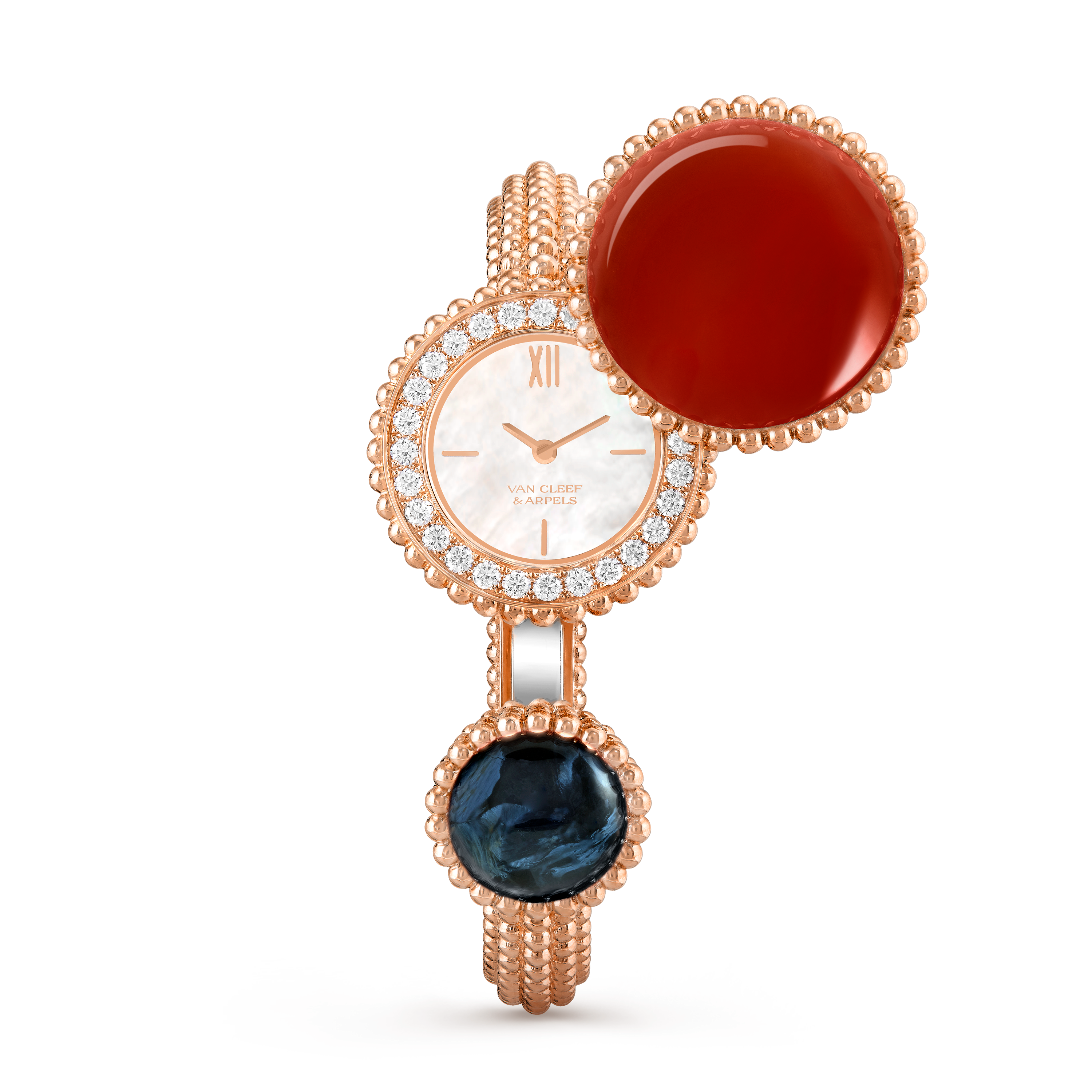 Perlée Toi & Moi secret watch, medium model, 18K rose gold, Carnelian:  1 stone, Diamond:  25 stones,  0.77 carat, Mother-of-pearl:  1 stone, Pietersite:  1 stone, Front, Watch - Van Cleef & Arpels
