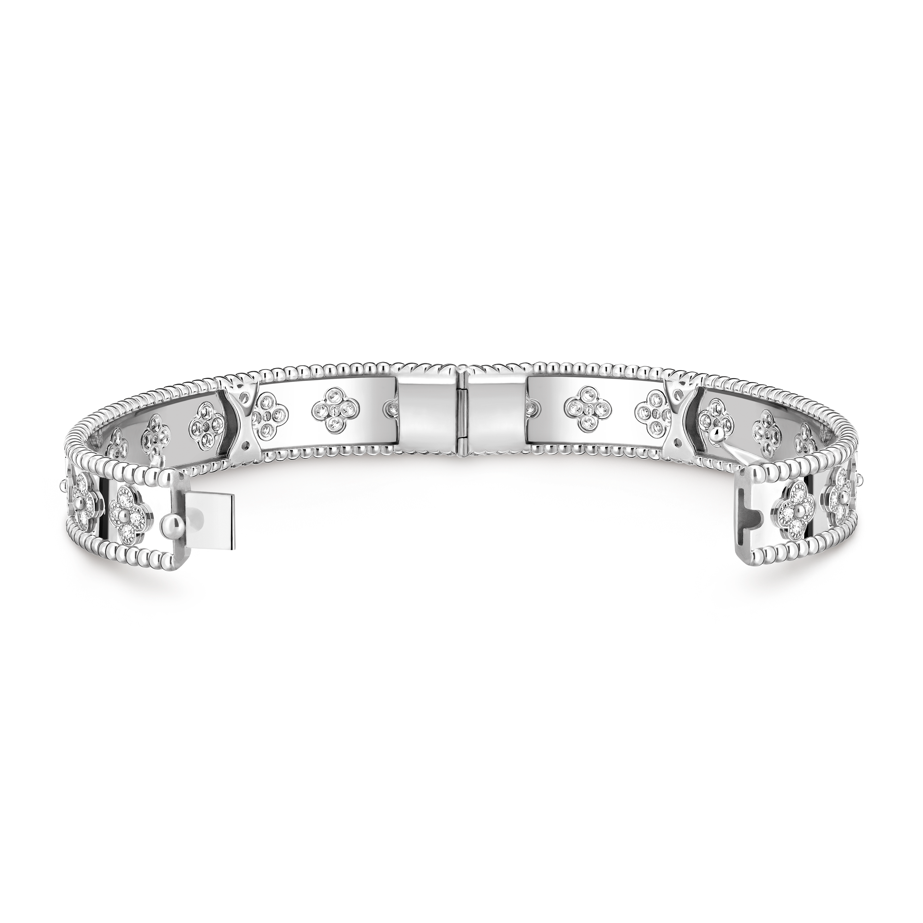 Perlée clovers bracelet, extra large model, 18K white gold, Diamond:  88 stones,  1.74 carats, Open, Jewelry Bracelet - Van Cleef & Arpels
