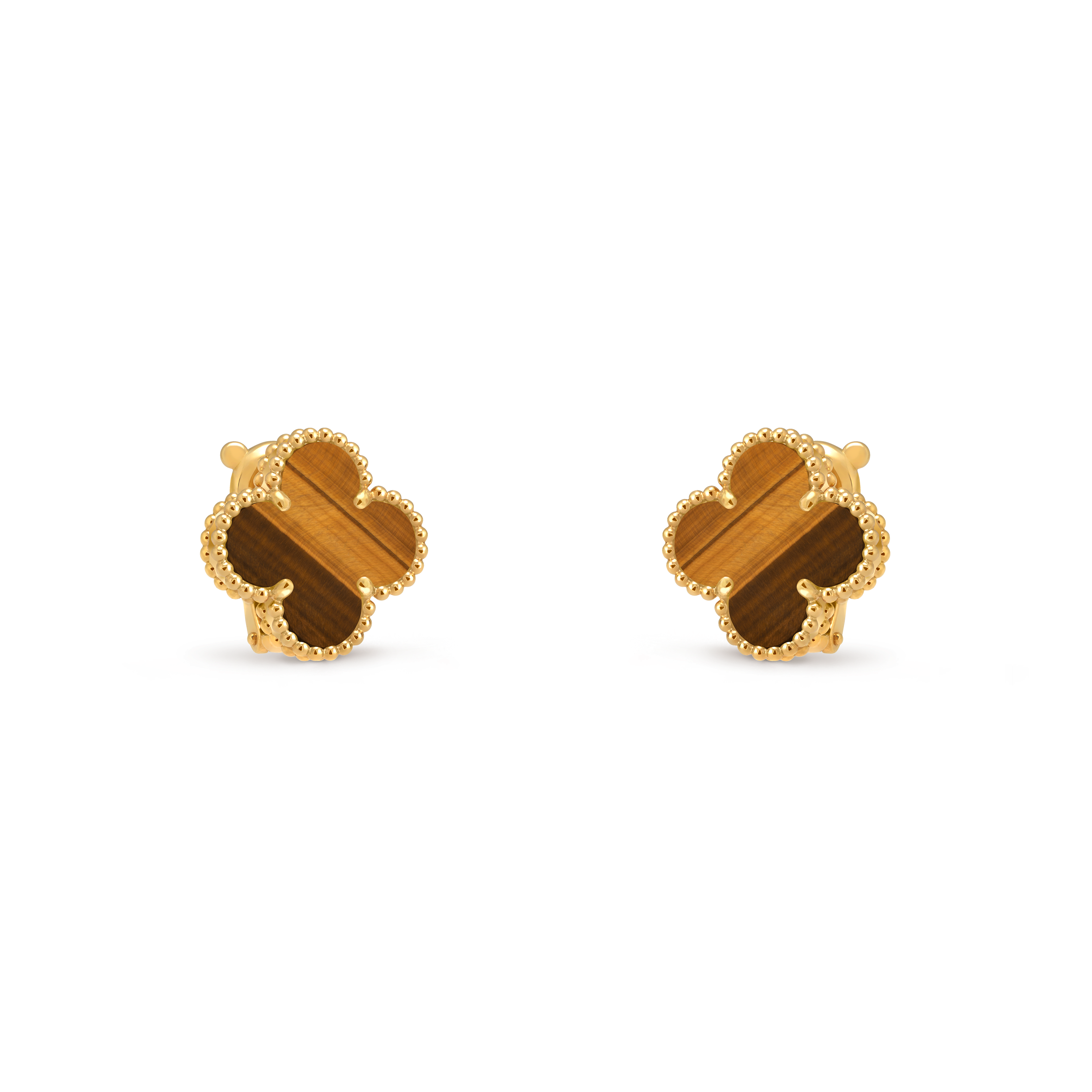 Vintage Alhambra earrings, 18K yellow gold, Tiger Eye:  2 stones, Three Fourth, Jewelry Earrings - Van Cleef & Arpels