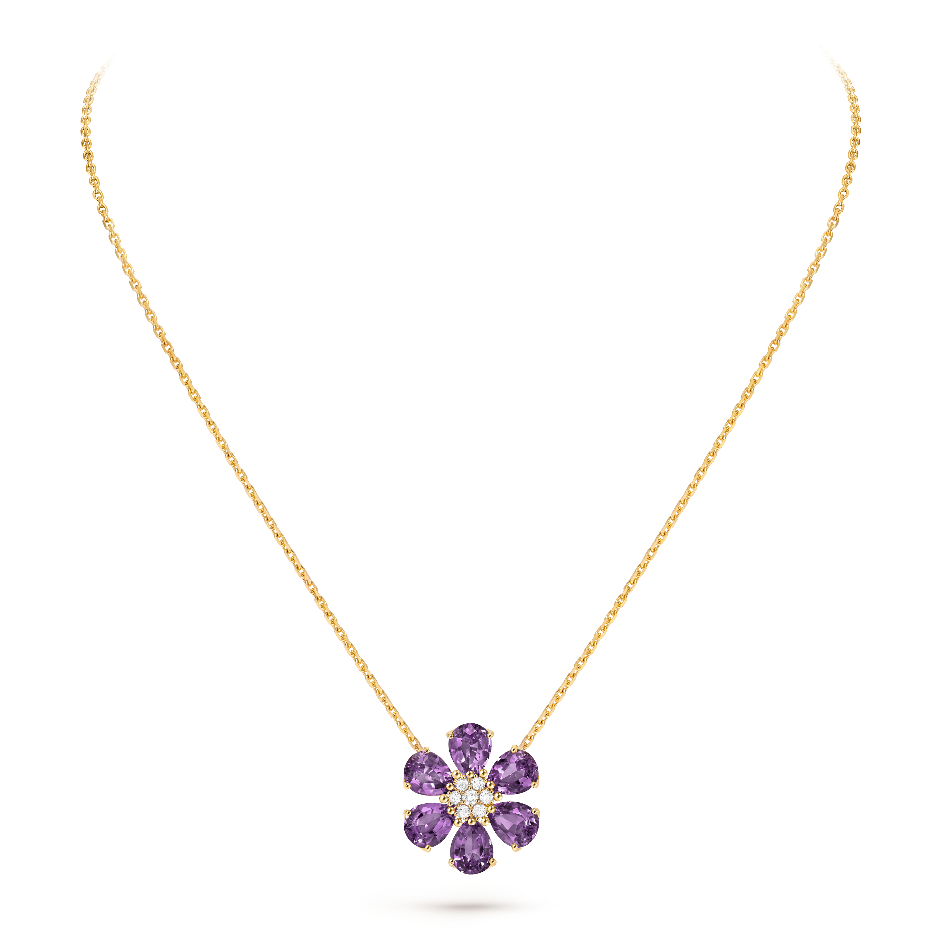 Fleurs d’Hawaï pendant, 18K yellow gold, Amethyst:  6 stones,  6.06 carats, Diamond:  7 stones,  0.19 carat, Detail, Jewelry Pendent - Van Cleef & Arpels