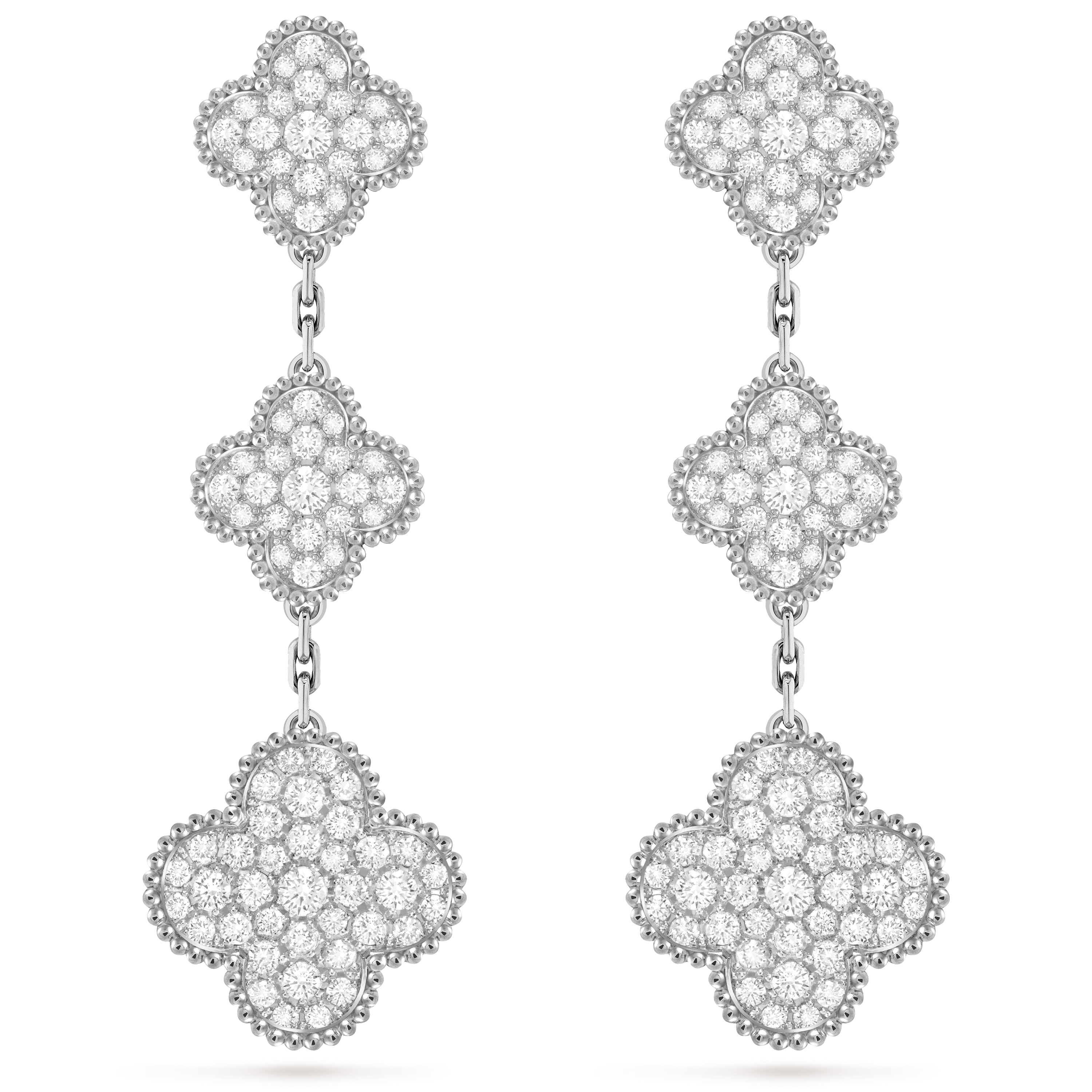 Magic Alhambra earrings, 3 motifs, 18K white gold, Diamond:  158 stones,  4.25 carats, Front, Jewelry Earrings - Van Cleef & Arpels