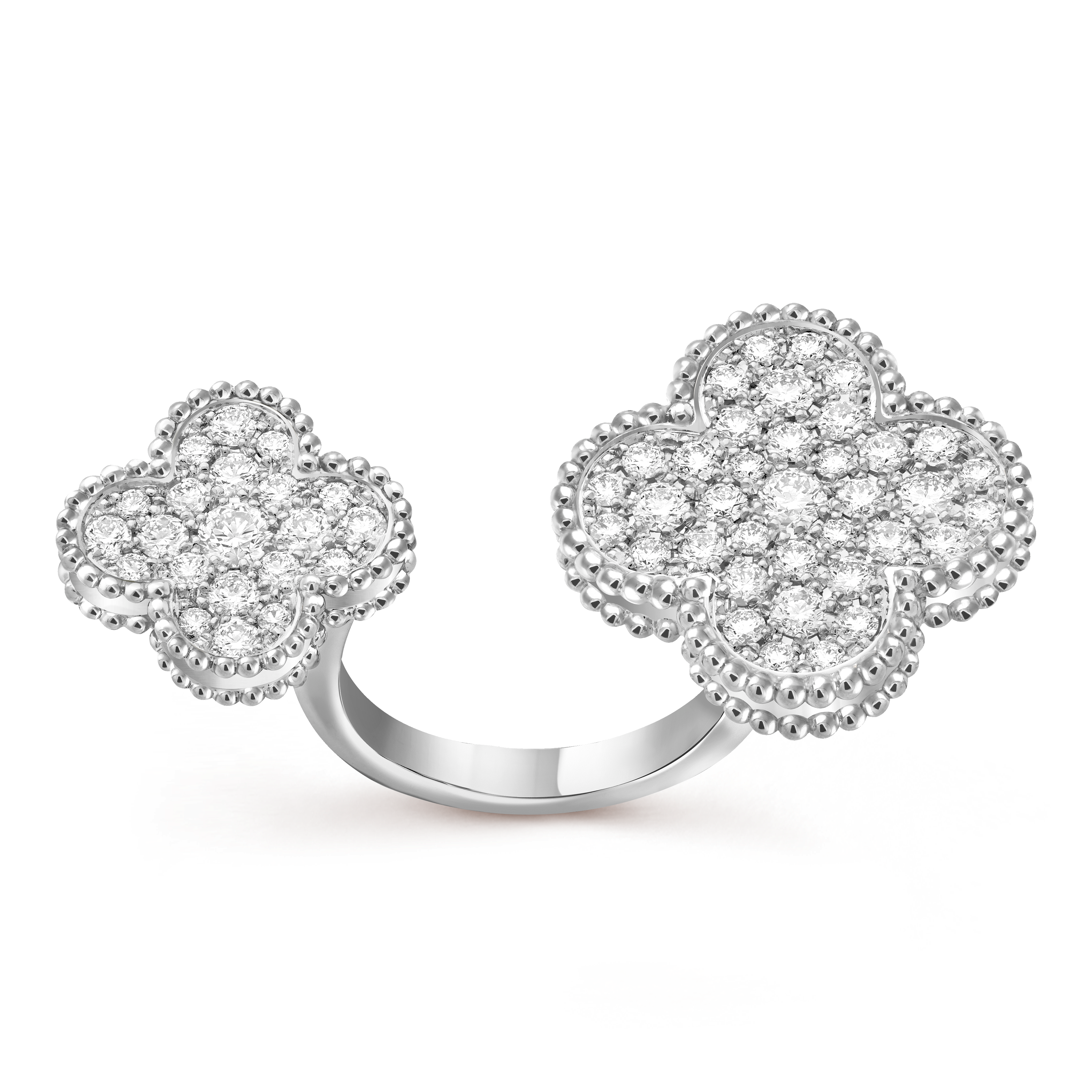 Magic Alhambra Between the Finger ring, 18K white gold, Diamond:  58 stones,  1.59 carats, Front, Jewelry Ring - Van Cleef & Arpels