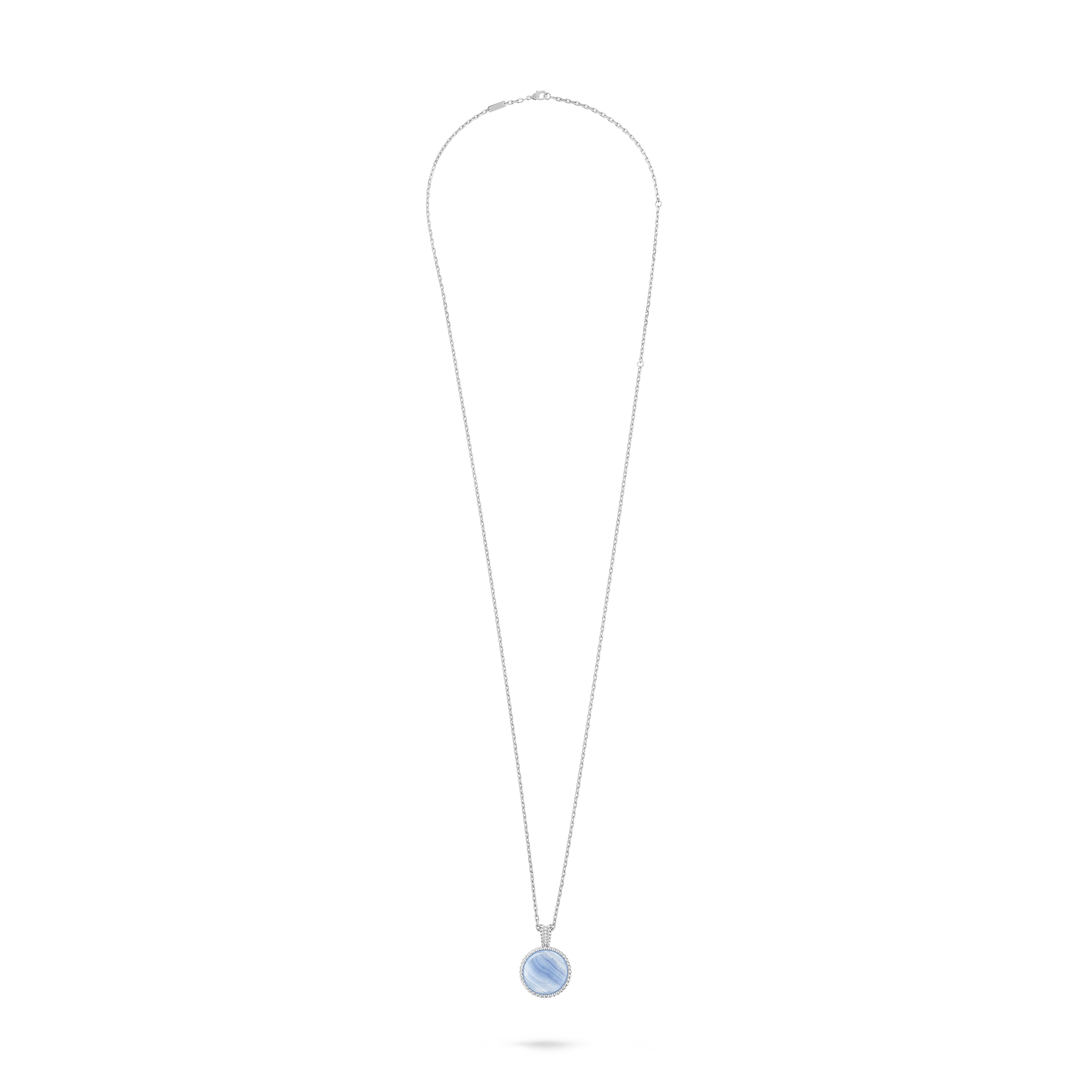 Perlée secret pendant watch, 18K white gold, Chalcedony:  1 stone, Diamond:  40 stones,  0.92 carat, Mother-of-pearl:  1 stone, Detail, Watch - Van Cleef & Arpels