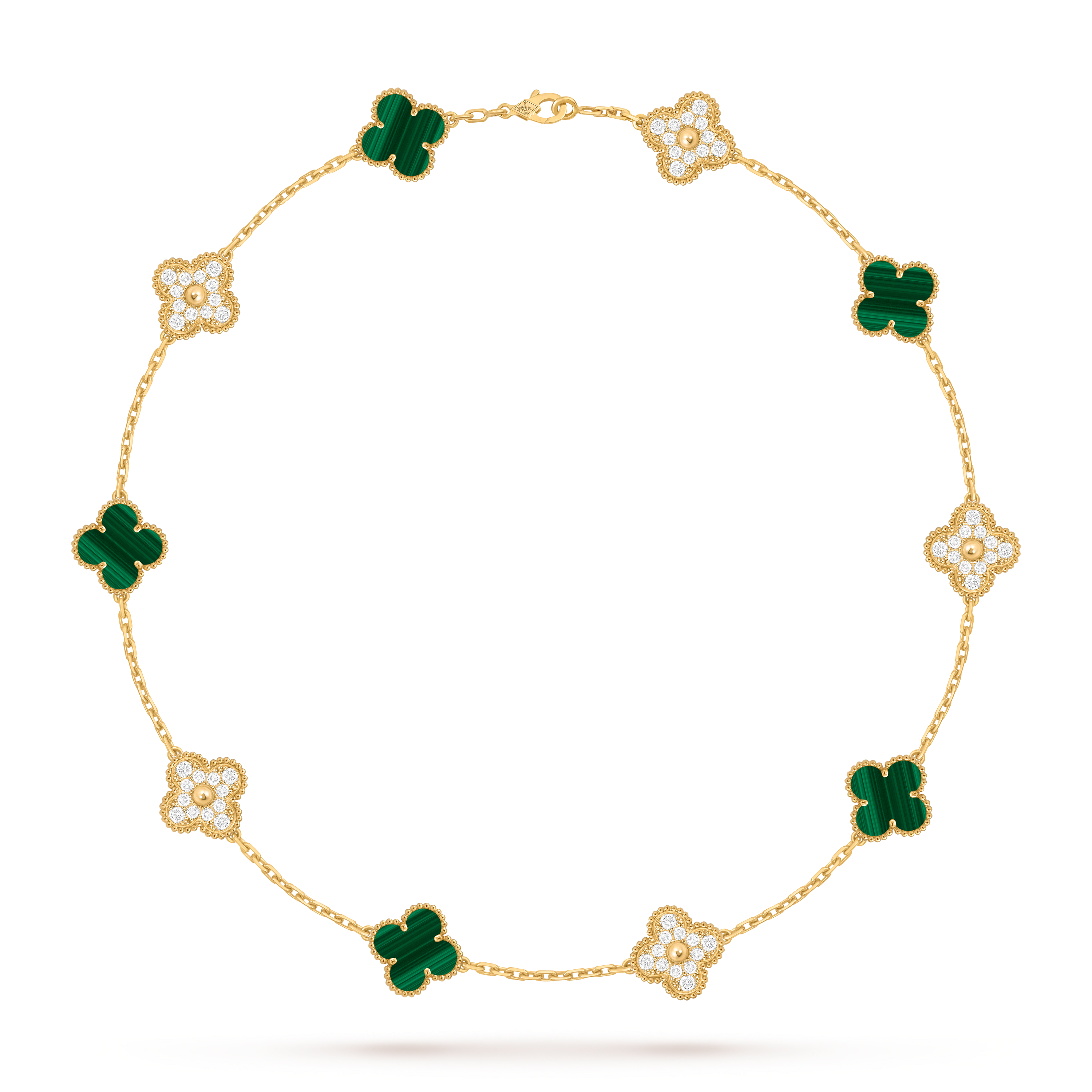 Vintage Alhambra necklace, 10 motifs, 18K yellow gold, Diamond:  60 stones,  2.41 carats, Malachite:  5 stones, Front, Jewelry Necklace - Van Cleef & Arpels