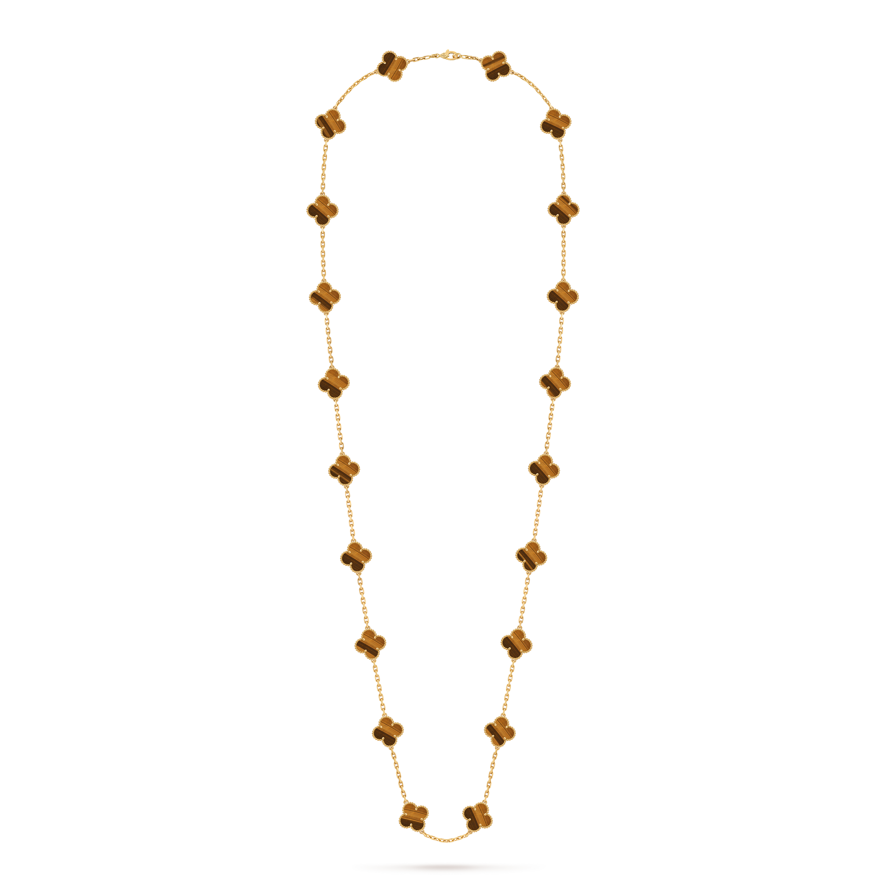 Vintage Alhambra long necklace, 20 motifs, 18K yellow gold, Tiger Eye:  20 stones, Front, Jewelry Long Necklace - Van Cleef & Arpels