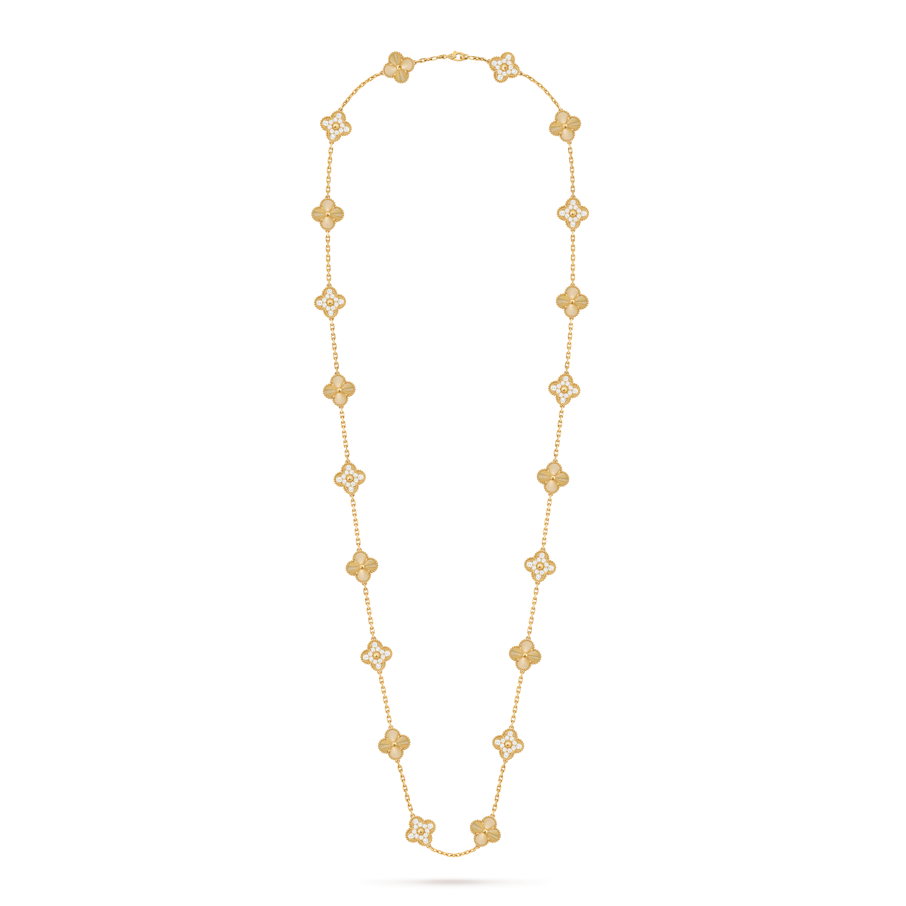 Vintage Alhambra长项链，20枚四叶幸运图案, 18K黄金, 钻石:  120颗,  4.83 克拉, Front, Jewelry Long Necklace_梵克雅宝_Van Cleef & Arpels