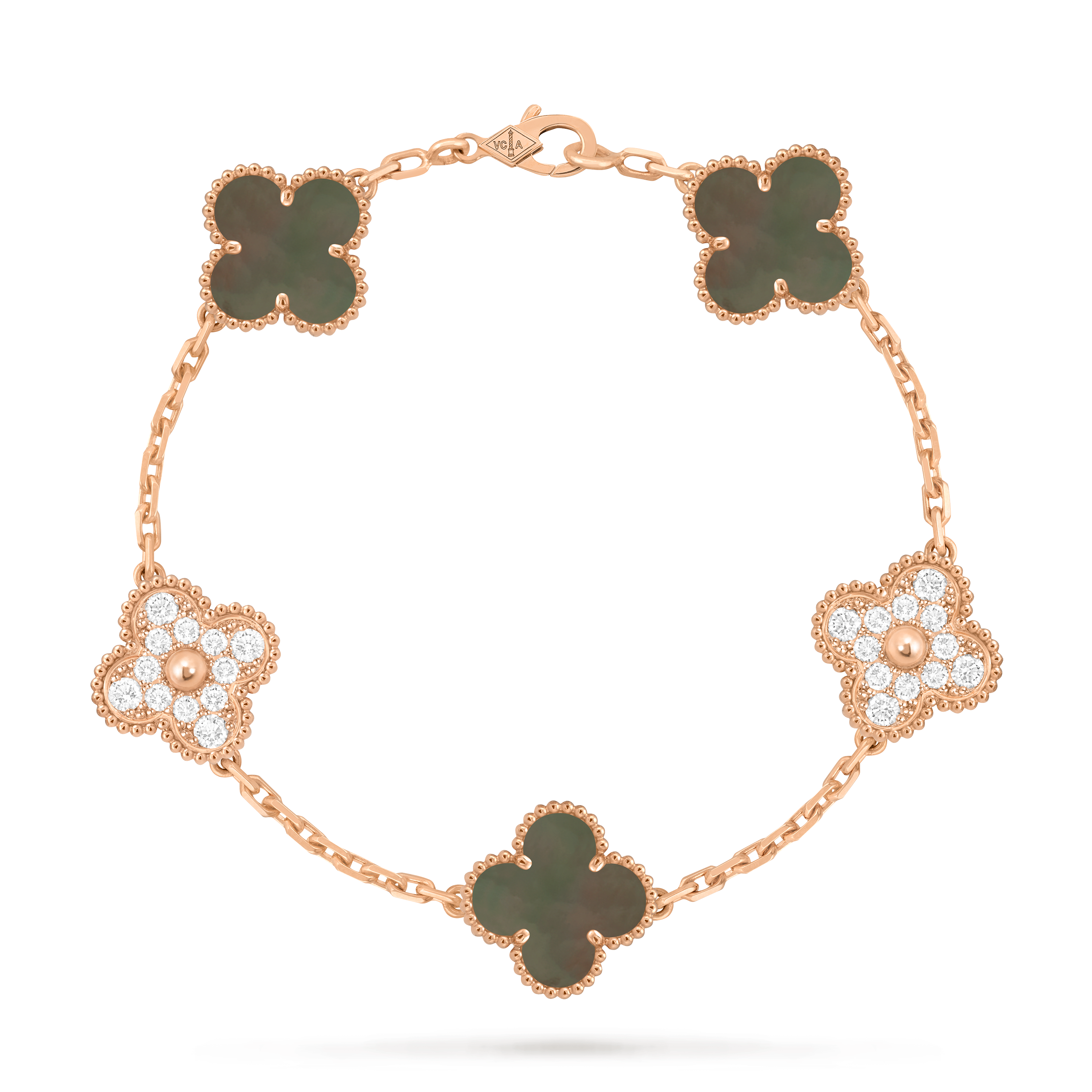 Vintage Alhambra bracelet, 5 motifs, 18K rose gold, Diamond:  24 stones,  0.96 carat, Mother-of-pearl:  3 stones, Front, Jewelry Bracelet - Van Cleef & Arpels