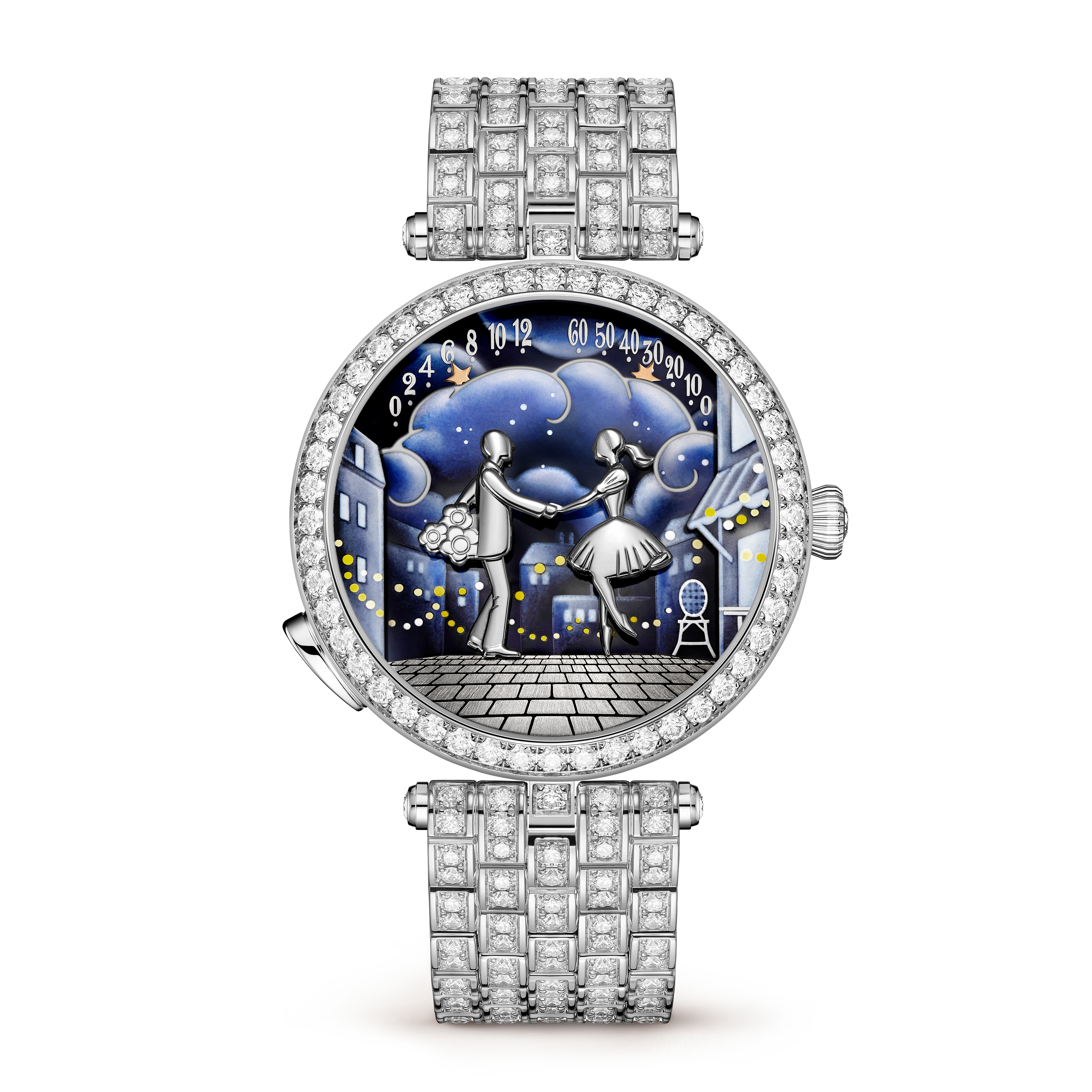 Lady Arpels Bal des Amoureux Automate watch, 18K white gold, Diamond:  388 stones,  12.41 carats, Front, Watch - Van Cleef & Arpels