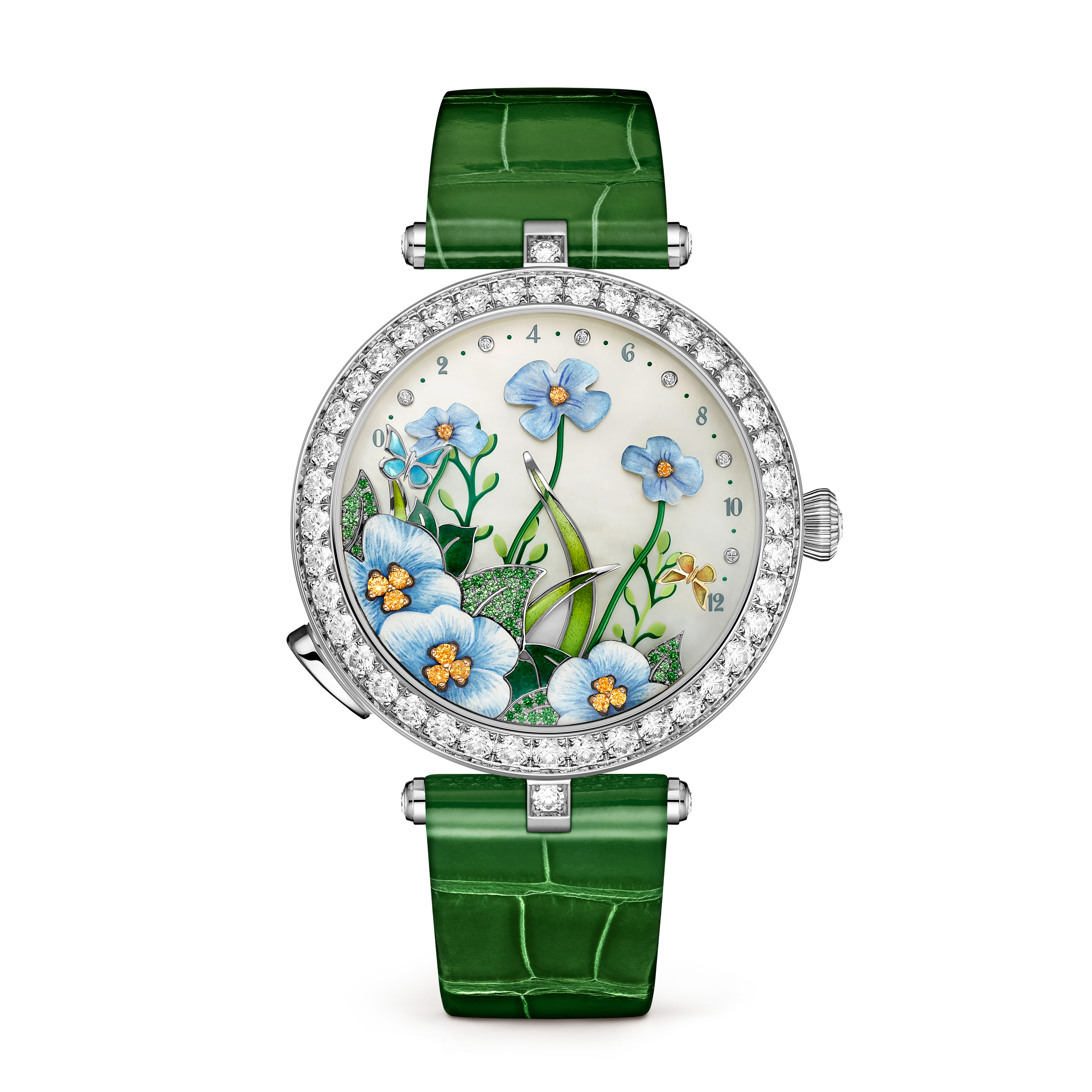 Lady Arpels Brise d’Été腕表, 18K白金, 沙弗莱石榴石:  47颗,  0.1 克拉, 珍珠母贝:  1 宝石, 钻石:  120颗,  3.45 克拉, 锰铝榴石:  12颗,  0.09 克拉, Front, Watch